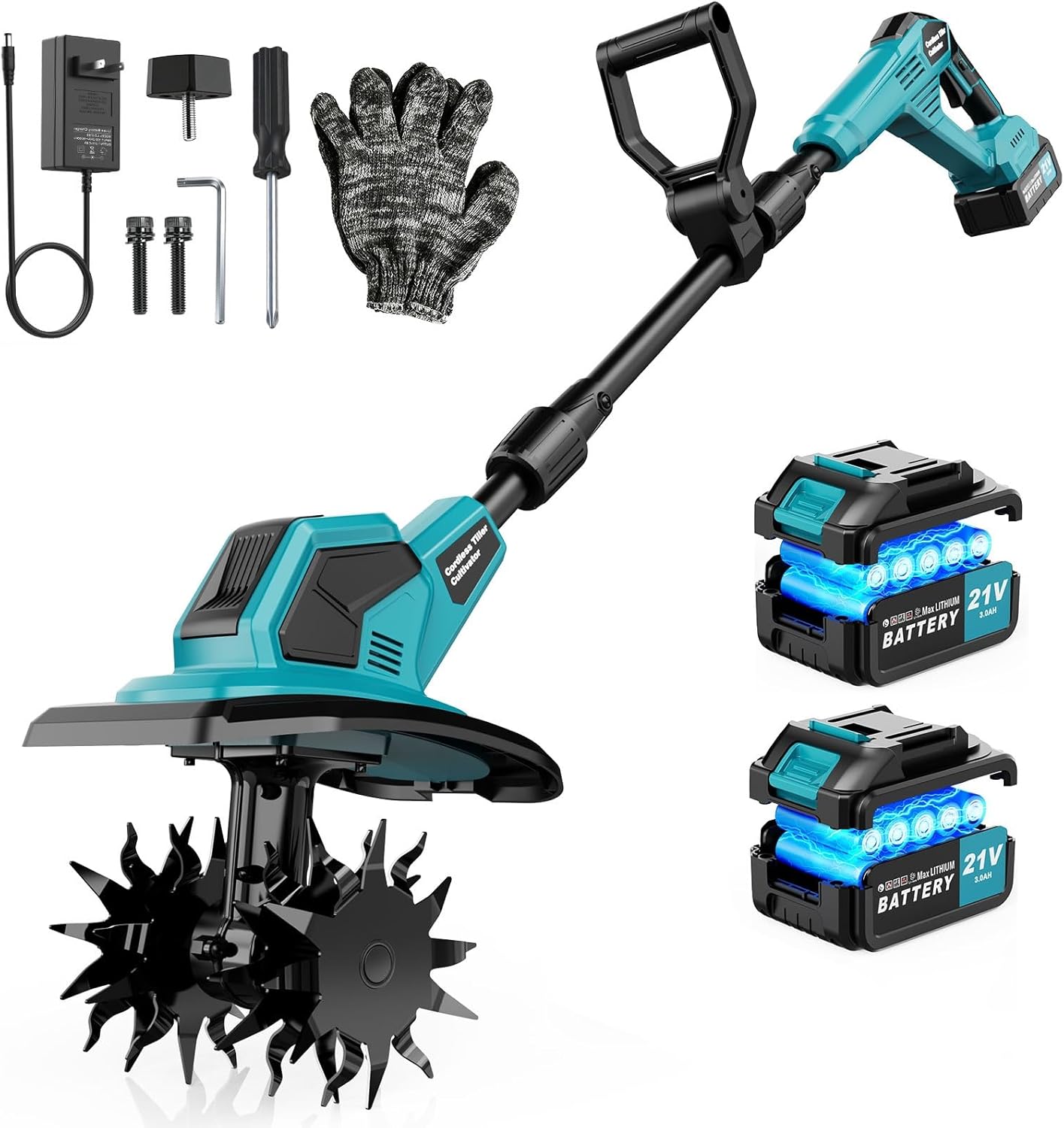 Cordless Tiller Cultivator, 360RPM Electric Garden Tiller, 2x3.0Ah 21V Batteries & Charger, 500W Brushless Motor Battery Powered Garden Rototiller for Lawn, Gardening, Soil Cultivation