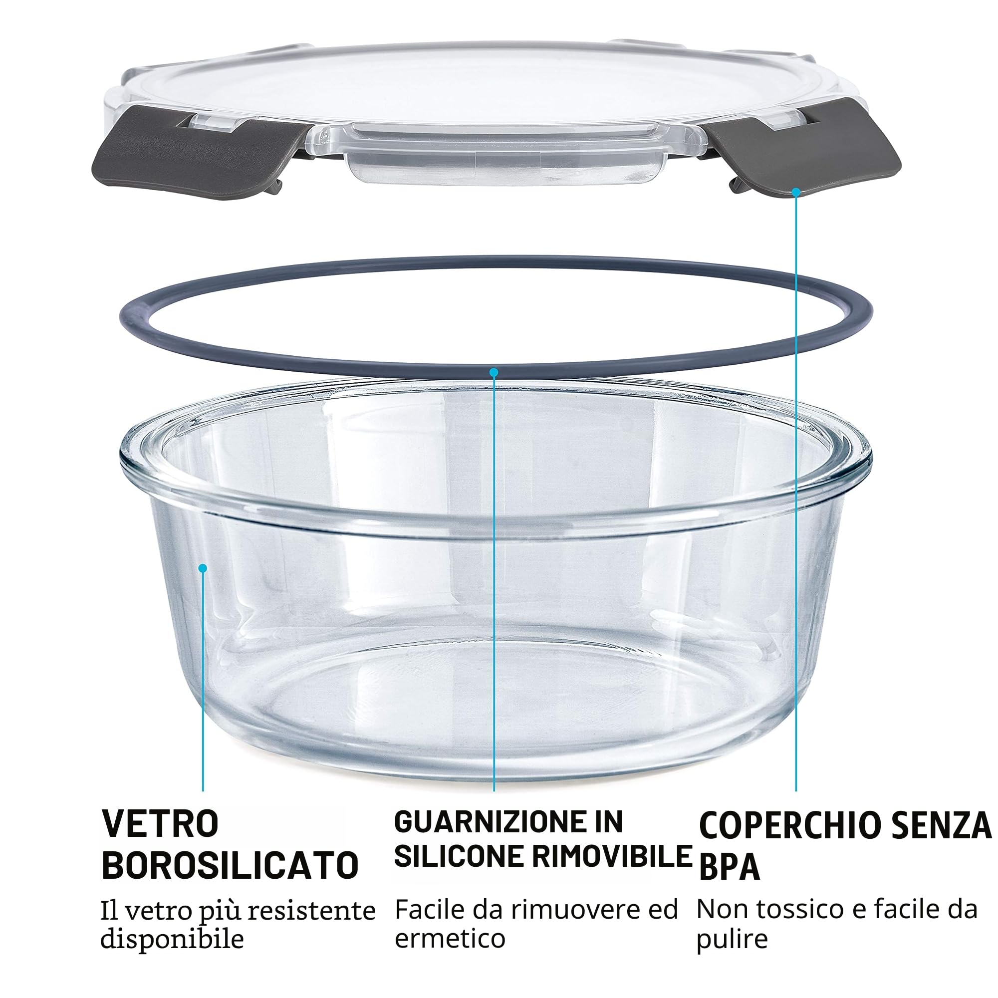 Igluu Meal Prep Contenitori Ermetici per Alimenti in Vetro Tondi con Coperchi (Set da 3) – Senza BPA – Forno, Microonde, Freezer e Lavastoviglie – 400 ml, 650 ml, 950 ml – Vetro Borosilicato
