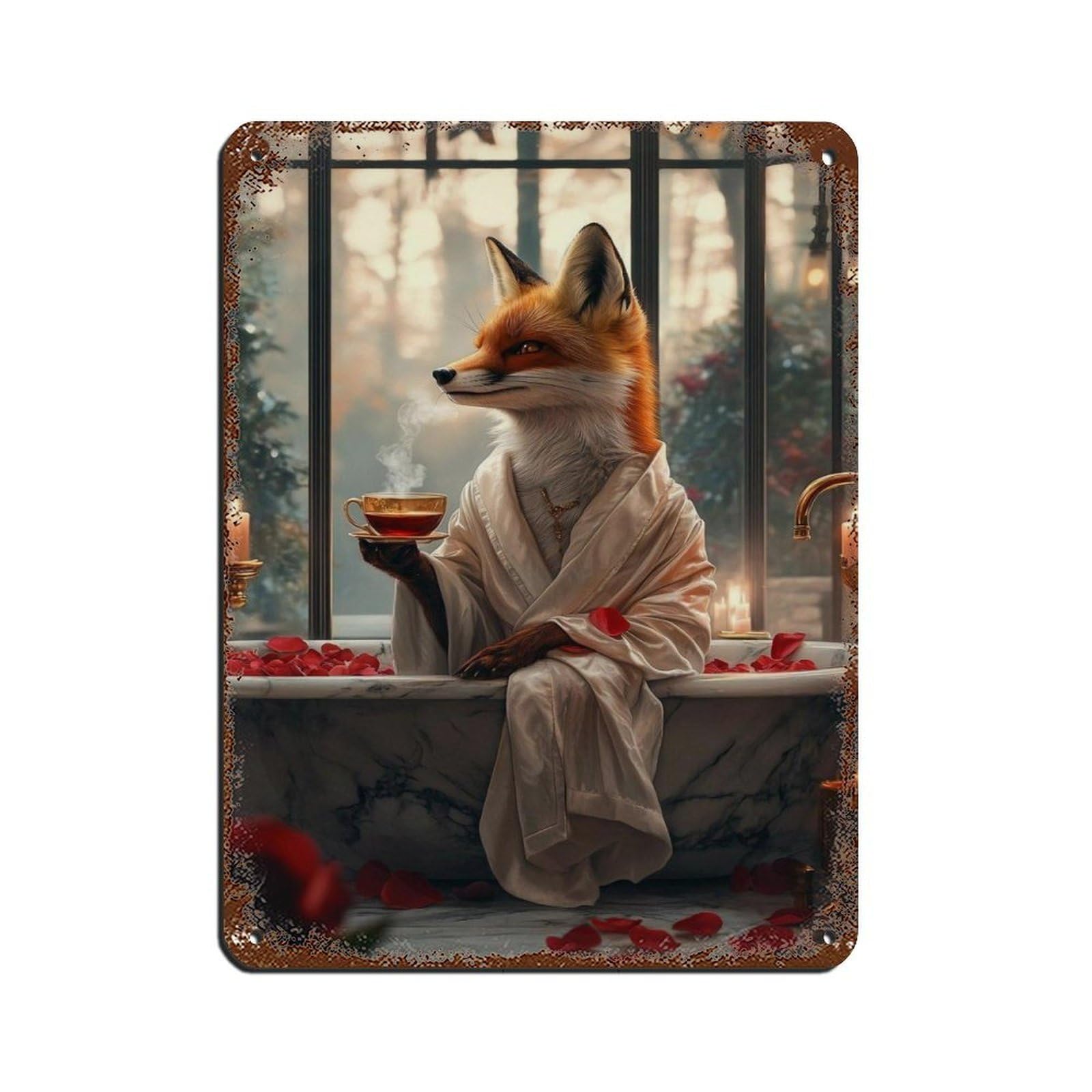 Fox in Robe, Cozy Bathtub Scene Tin Sign Vintage Metal Pub Club Cafe Bar Home Wall Art Decoration Poster Retro 12x16inch(30x40cm)