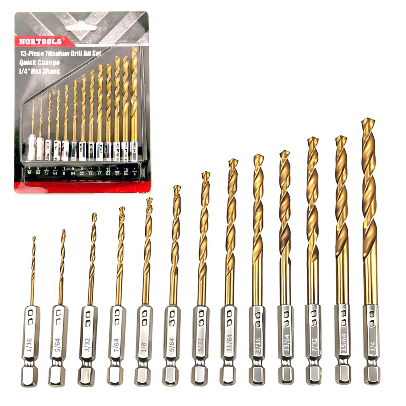NORTOOLS Hex Shank Drill Bit Set 13 PCS High Speed Steel Titanium Coated Twist Drill Bits 1/4 Inch Quick Change Hex Driver Set for Wood Plastic Aluminum Alloy (1/16" - 1/4")