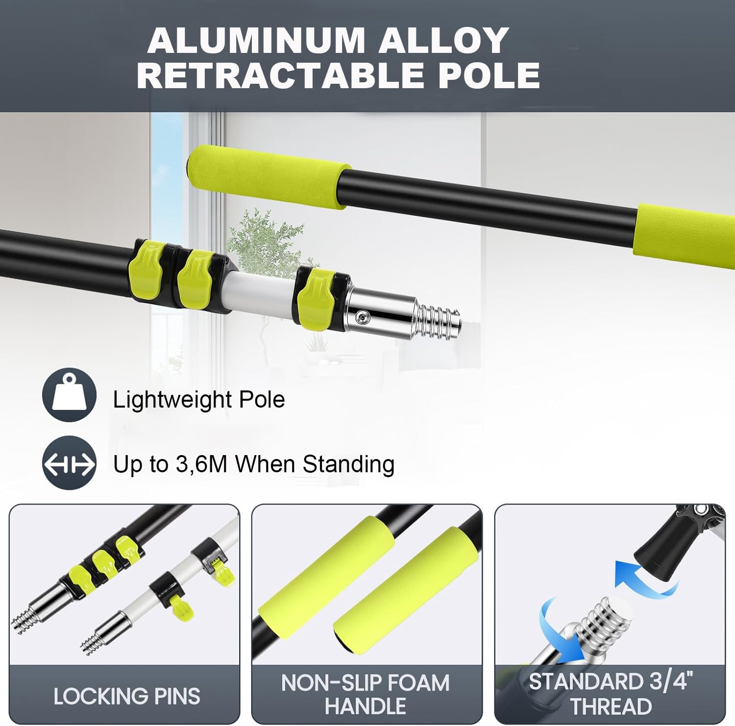 Rallonge télescopique de 1,12 à 3,60 m, Perche telescopique ajustable en aluminium pour rouleau à peinture et nettoyage