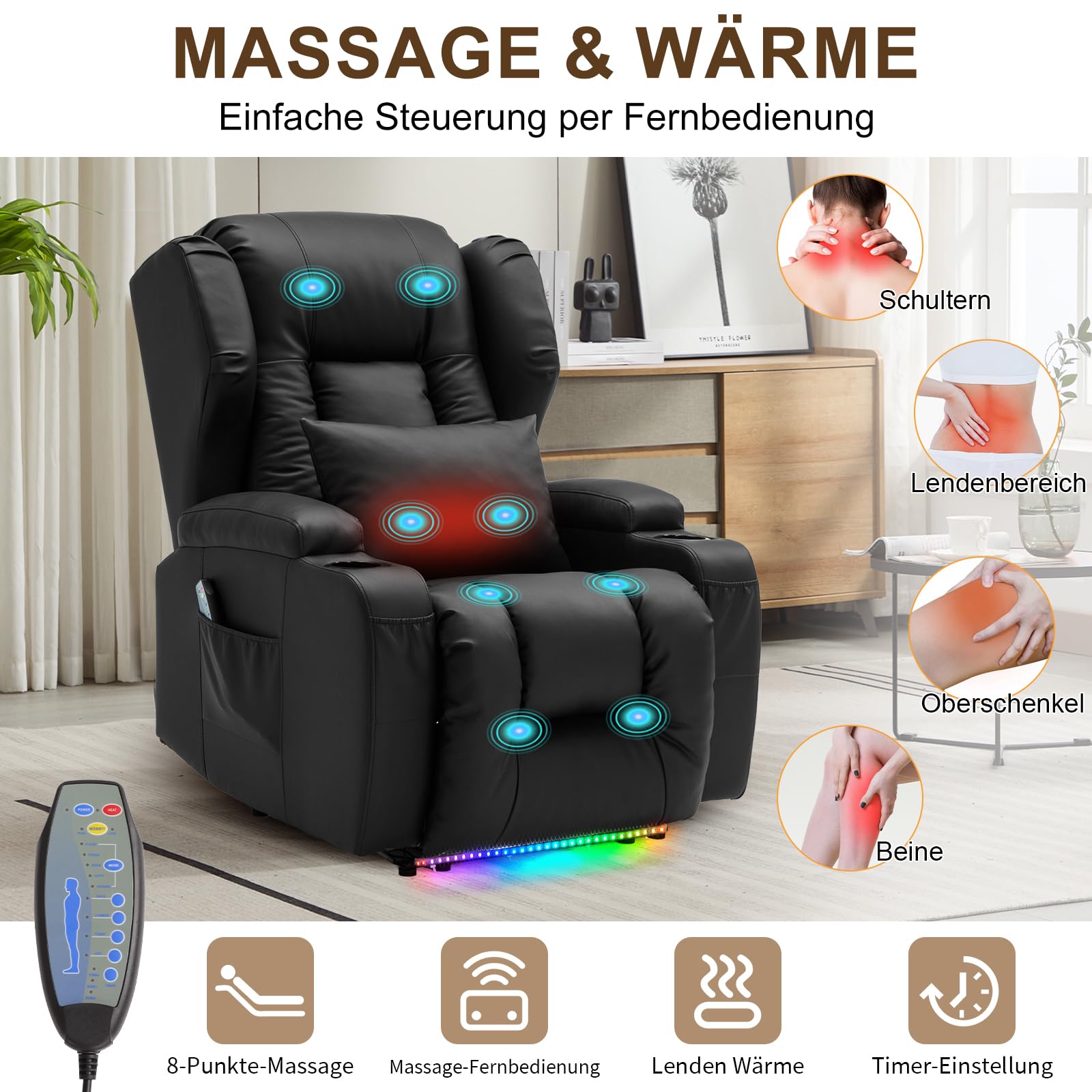 Elektrisch Verstellbar Relaxsessel mit Liegefunktion Kunstleder Fernsehsessel TV Sessel Massage Wärme LED USB bis 150 kg Schwarz 2er Set