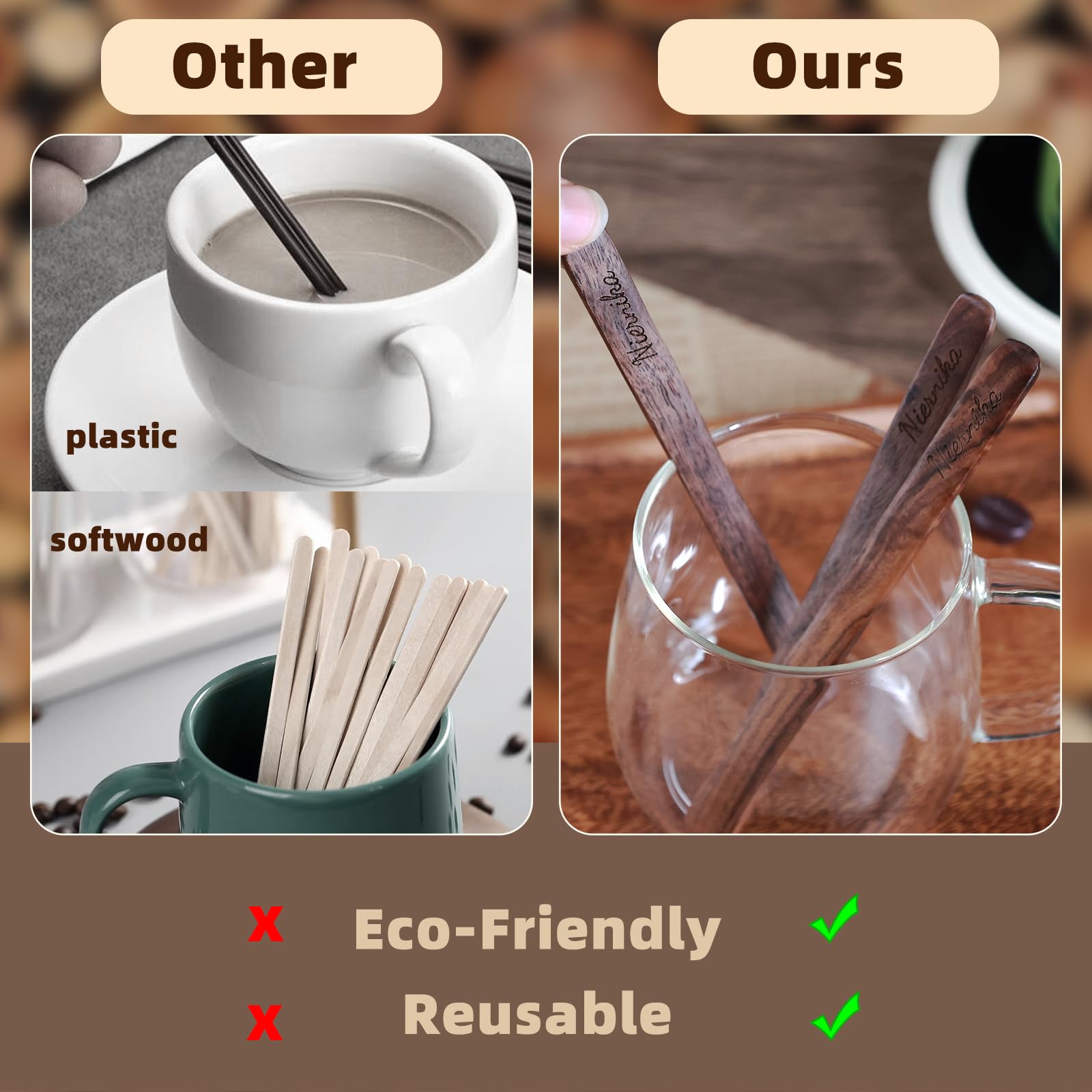 3 varillas de café reutilizables de madera de alta calidad, pulidas a mano, agitadores de café de textura natural para una experiencia de preparación premium