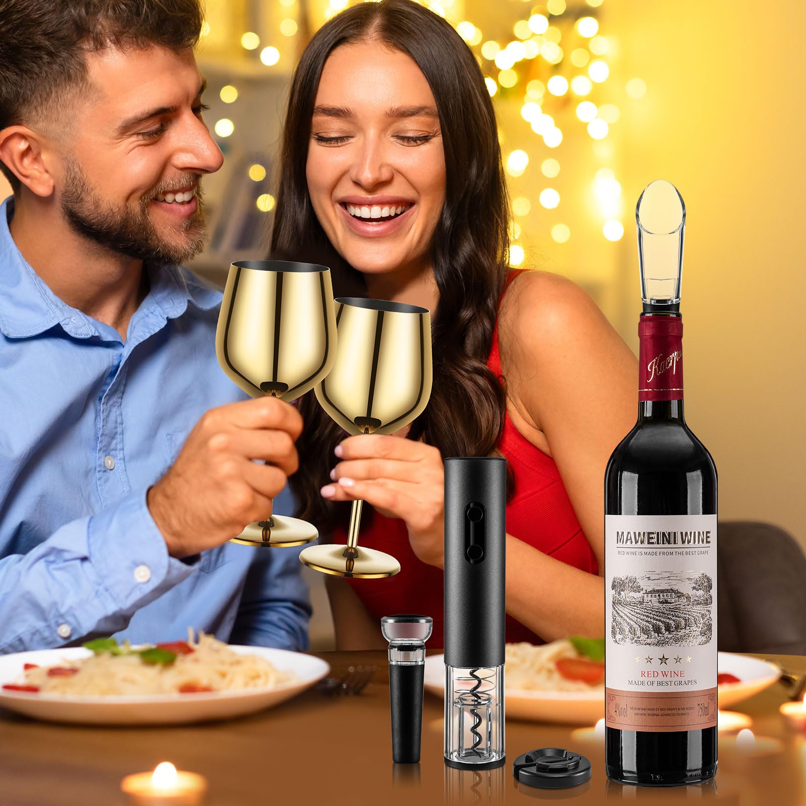 MegaTrend Abridor de vino eléctrico recargable, juego de sacacorchos automático, incluye copa de vino dorada de 2, copa de acero inoxidable, regalo ideal para bodas, cumpleaños, niñas, hombres