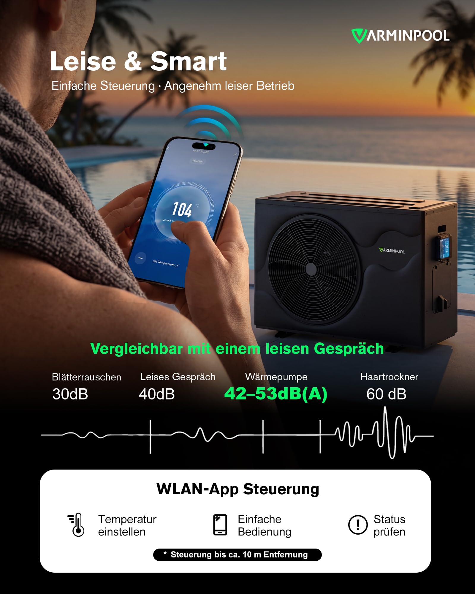 Pool Wärmepumpe bis 12 kW für Pools bis 45.000 L, Inverter Poolheizung elektrisch mit Heiz- & Kühlfunktion, COP bis 13,0, leise 42–53 dB(A), R32, DN50, IPX4, für Gartenpool Aufstellpool
