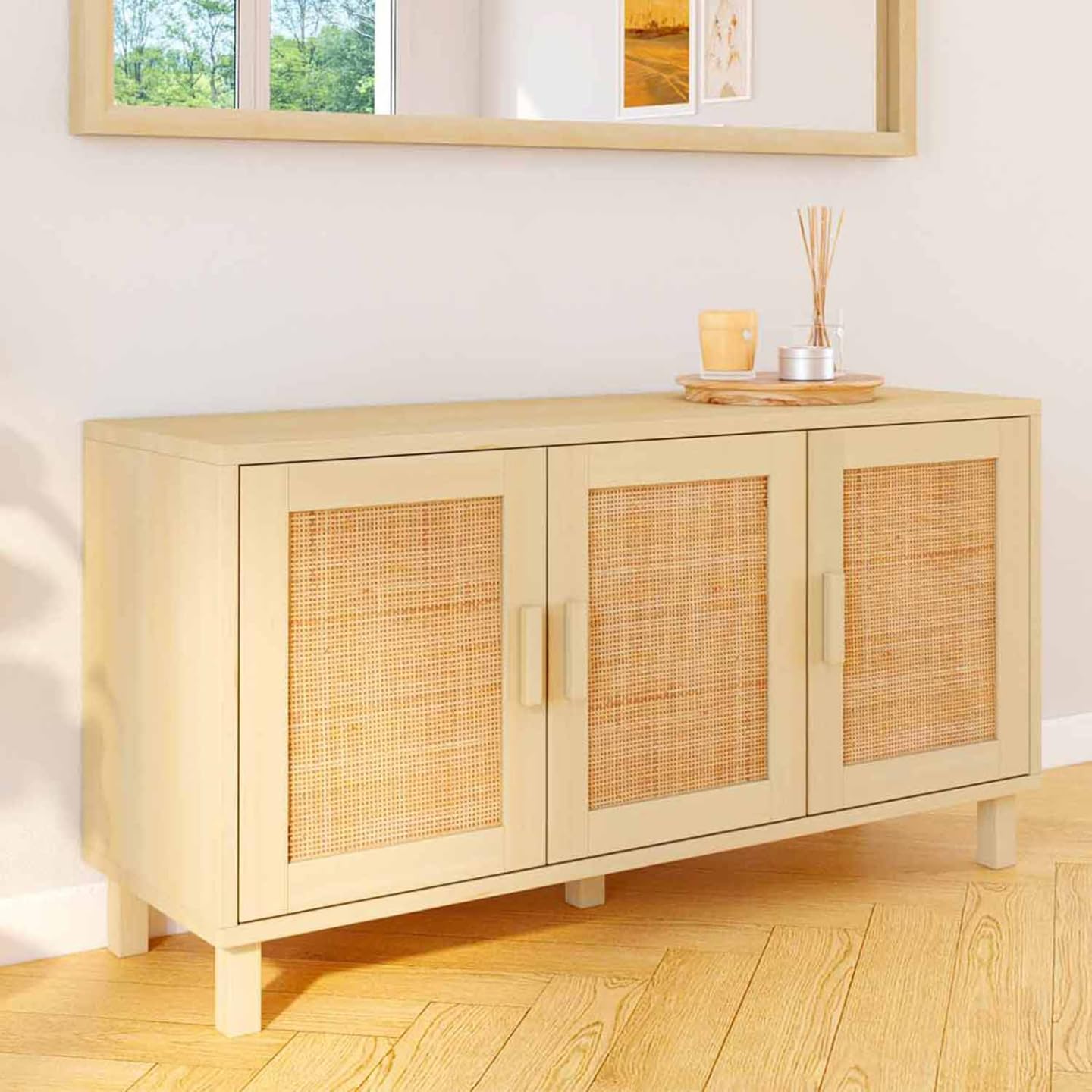 IDMarket - Mueble bajo de estilo vintage de 113 cm ELIN 3 puertas con efecto natural de malla tubular