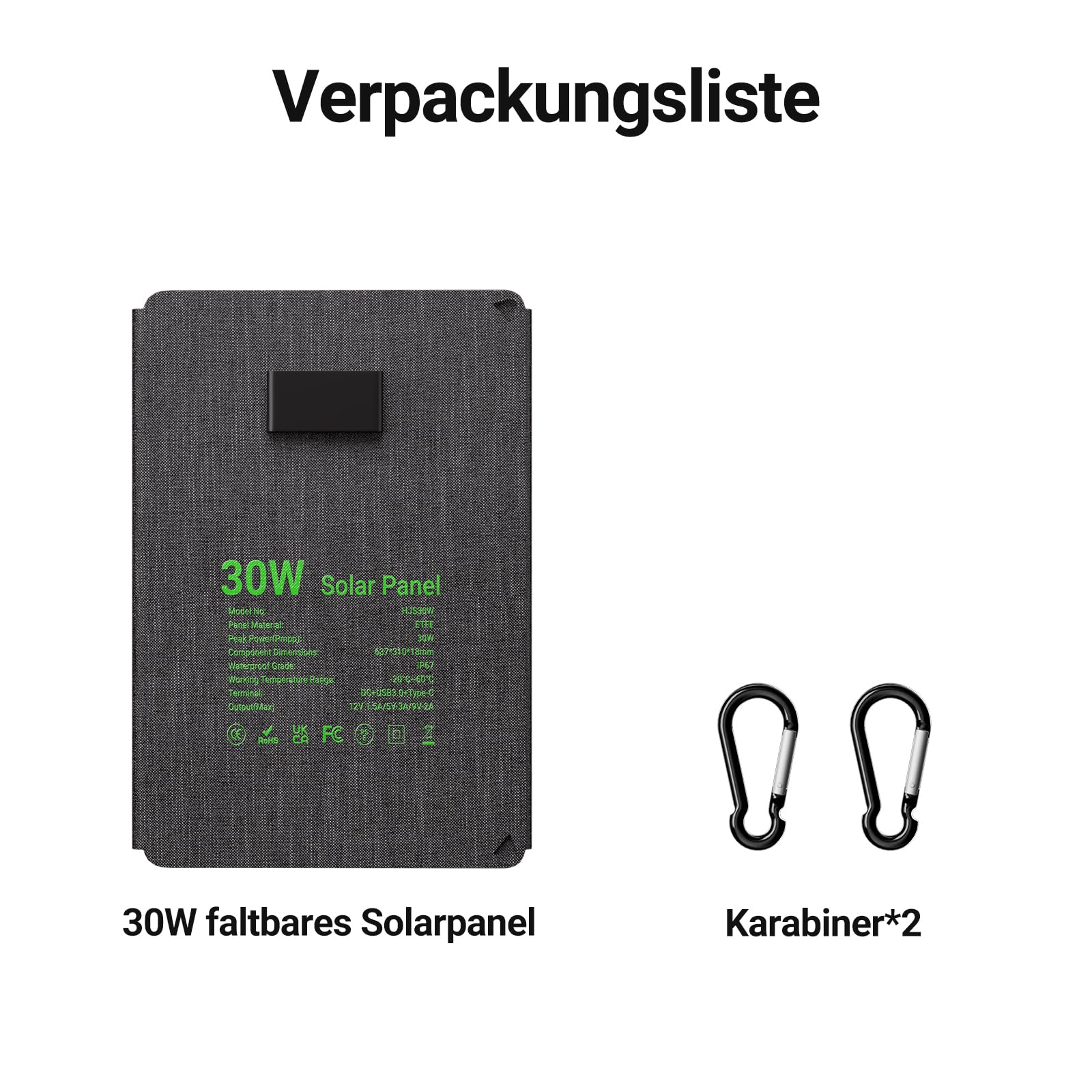 30W Solarpanel Faltbar, Tragbares Outdoor Solar Ladegerät IP67 Wasserdichtes mit 3 Anschlüsse (USB-C+USB-A+DC) für Outdoor Camping, Smartphone, Mobile Powerbank