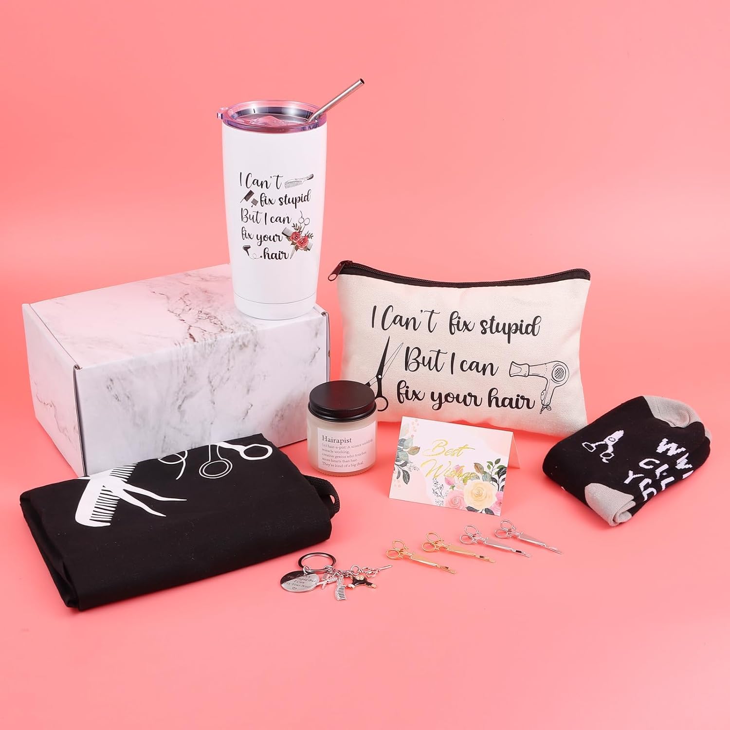 10 Pieces Hairdresser Gifts Set for Women Hair Stylist Appreciation Gift Set Christmas Gift with Tumbler,Socks,Makeup Bag,Keychain,Candle,Scissor Hair Clips,Apron,Greeting Card (Tumbler) - Image 6
