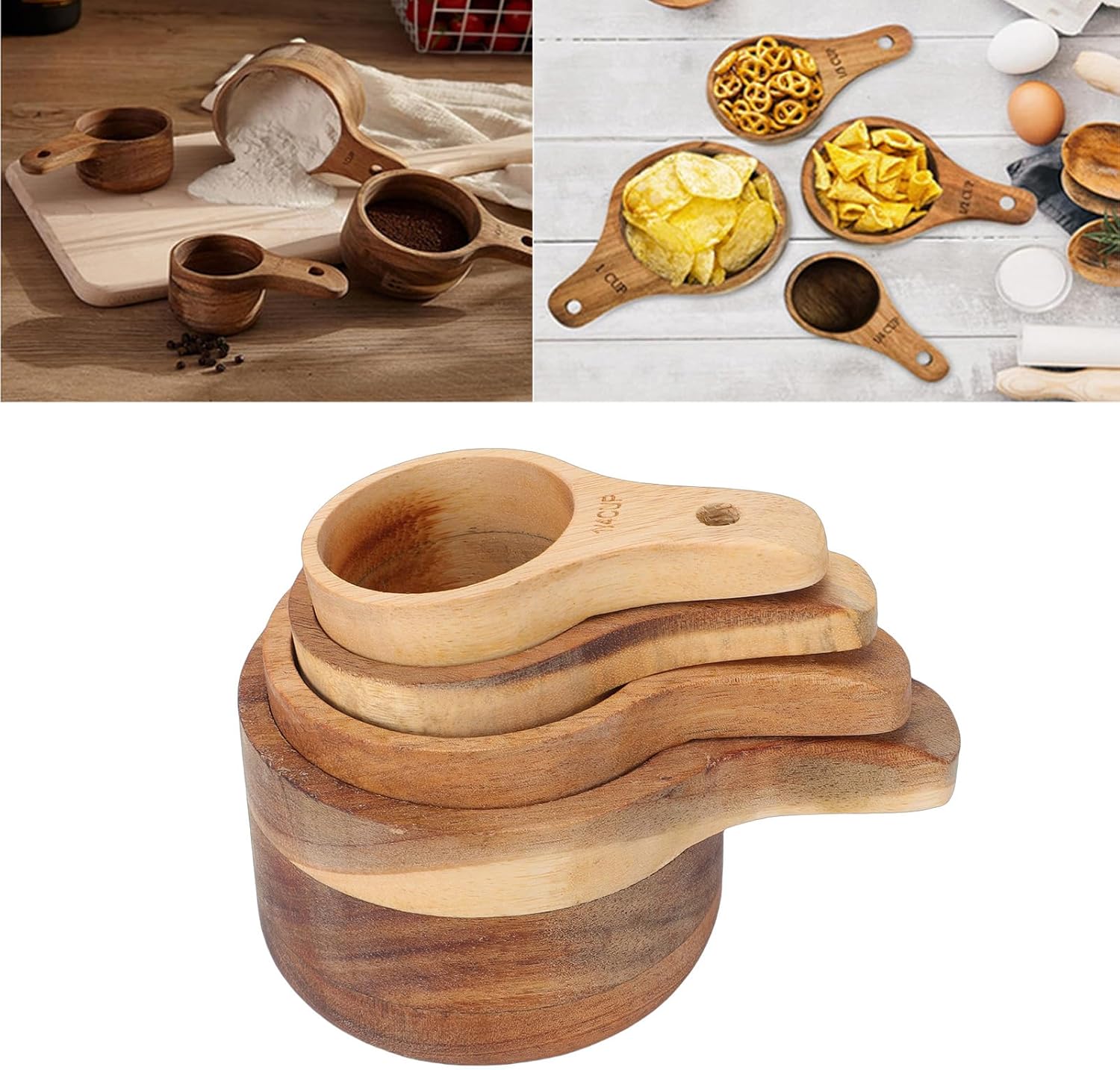 Wood Measuring Cups Set, Stackable Baking Measuring Cups for Dry Ingredients, Natural Wood Kitchen Measure Tool for Flour, Sugar, Coffee