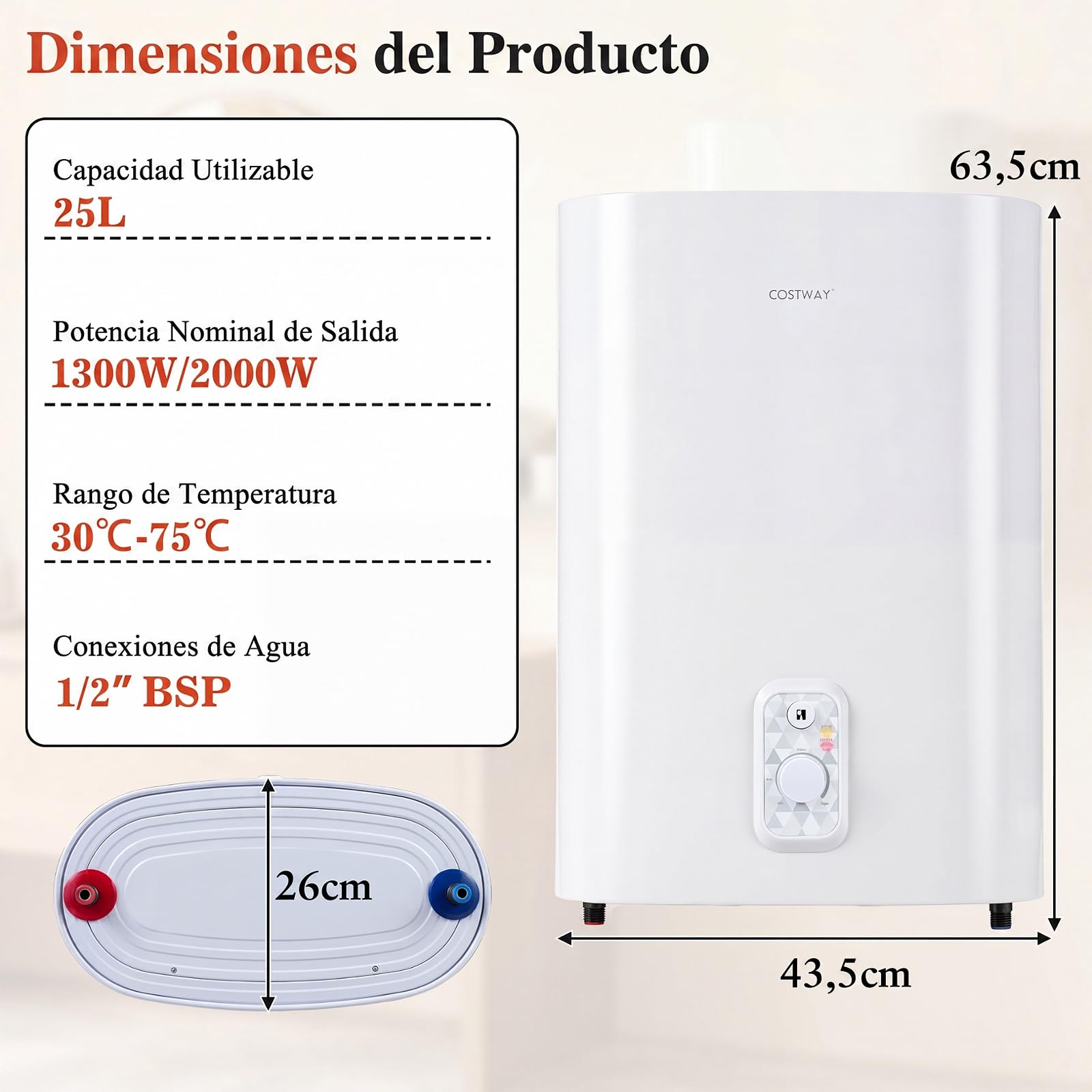 COSTWAY Calentador Agua Electrico 25L, Termo Electrico Vertical/Horizontal | Tanque Doble, Temperatura 30-75 ℃, Elemento Calefactor Seco, Válvula Seguridad,Baño Cocina, Blanco