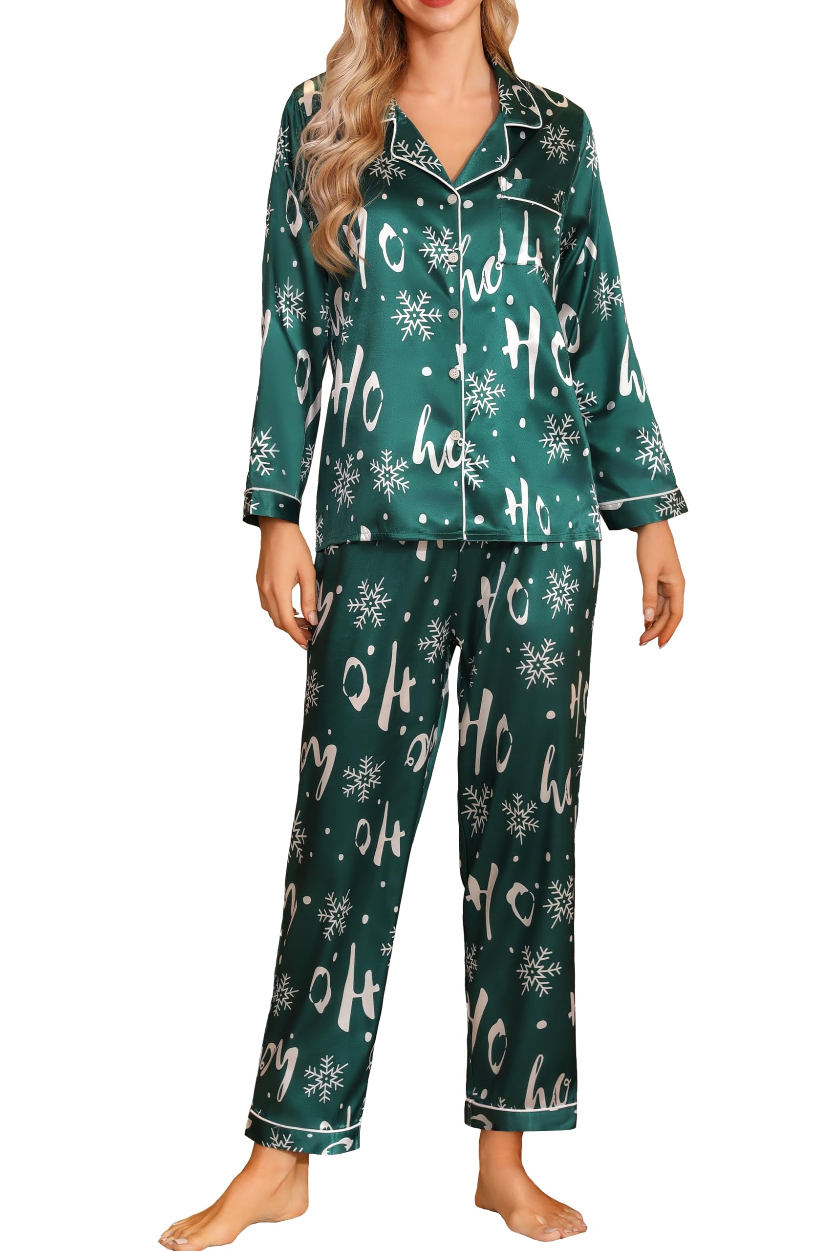 Senert Satin Pajamas Women's Long Sleeve Sleepwear Soft Button Down Loungewear Silk Pjs Set with Pockets