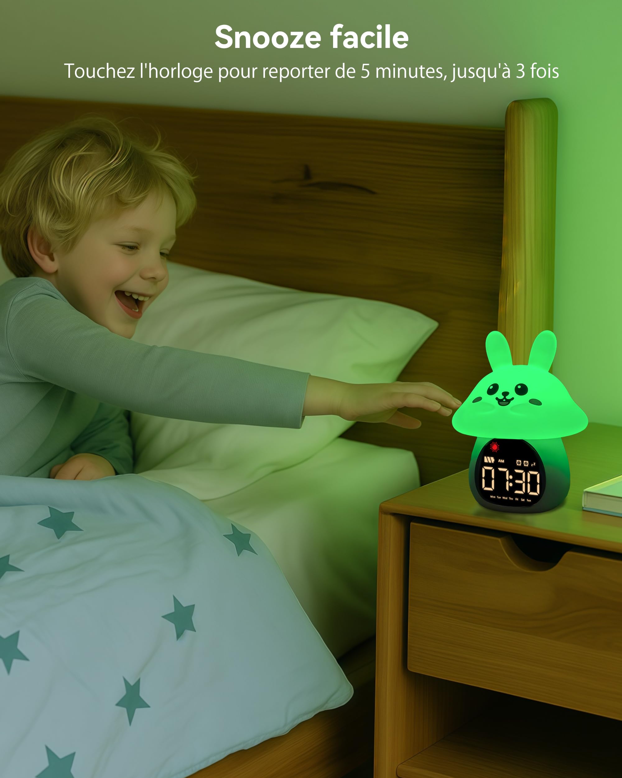 Yiliaw Réveil Enfant Éducatif Jour/Nuit Lumineux en Silicone avec Veilleuse – Horloge avec Lumière Apaisante, Idéale pour Garçons et Filles, Parfait pour Chambre d’Enfant, Lapin Champignon