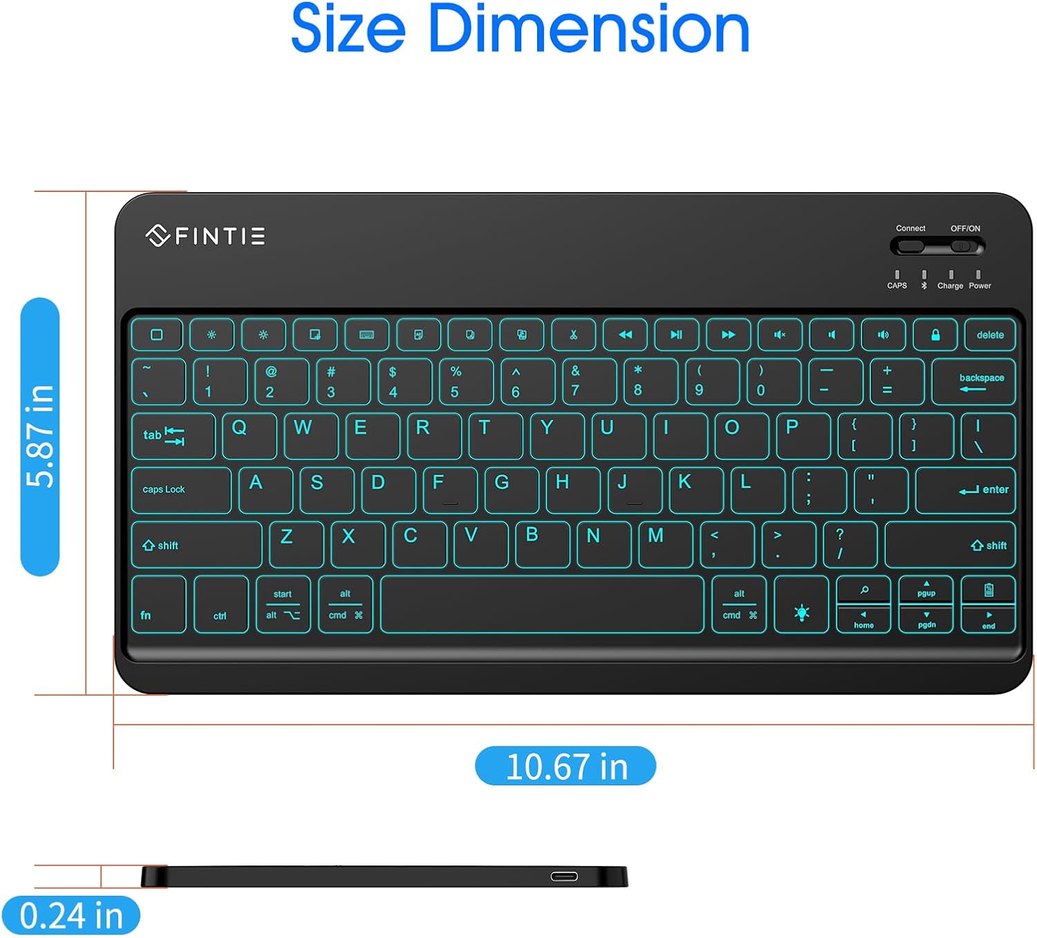Diagram showing the dimensions of the Fintie keyboard