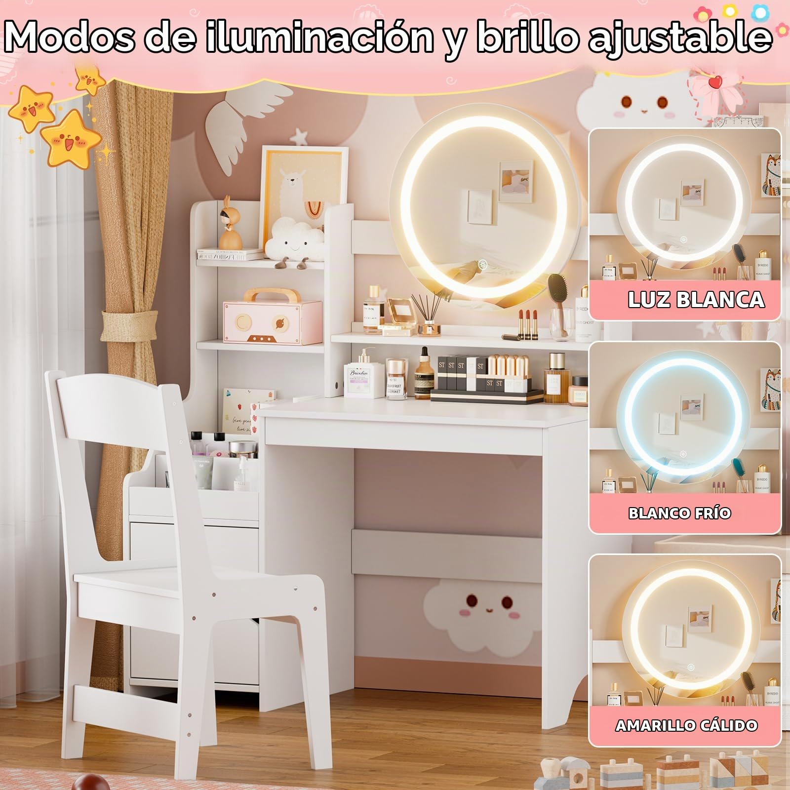 Tocador Niña Tocadors de Maquillaje con Luz y Taburete 2 en 1 Anti-dumping Tocador Infantil de Madera con Espejo y Estanterías Vanity de Maquillaje Para Niños Moderno estilo Princesa 5 años+ (Blanco)