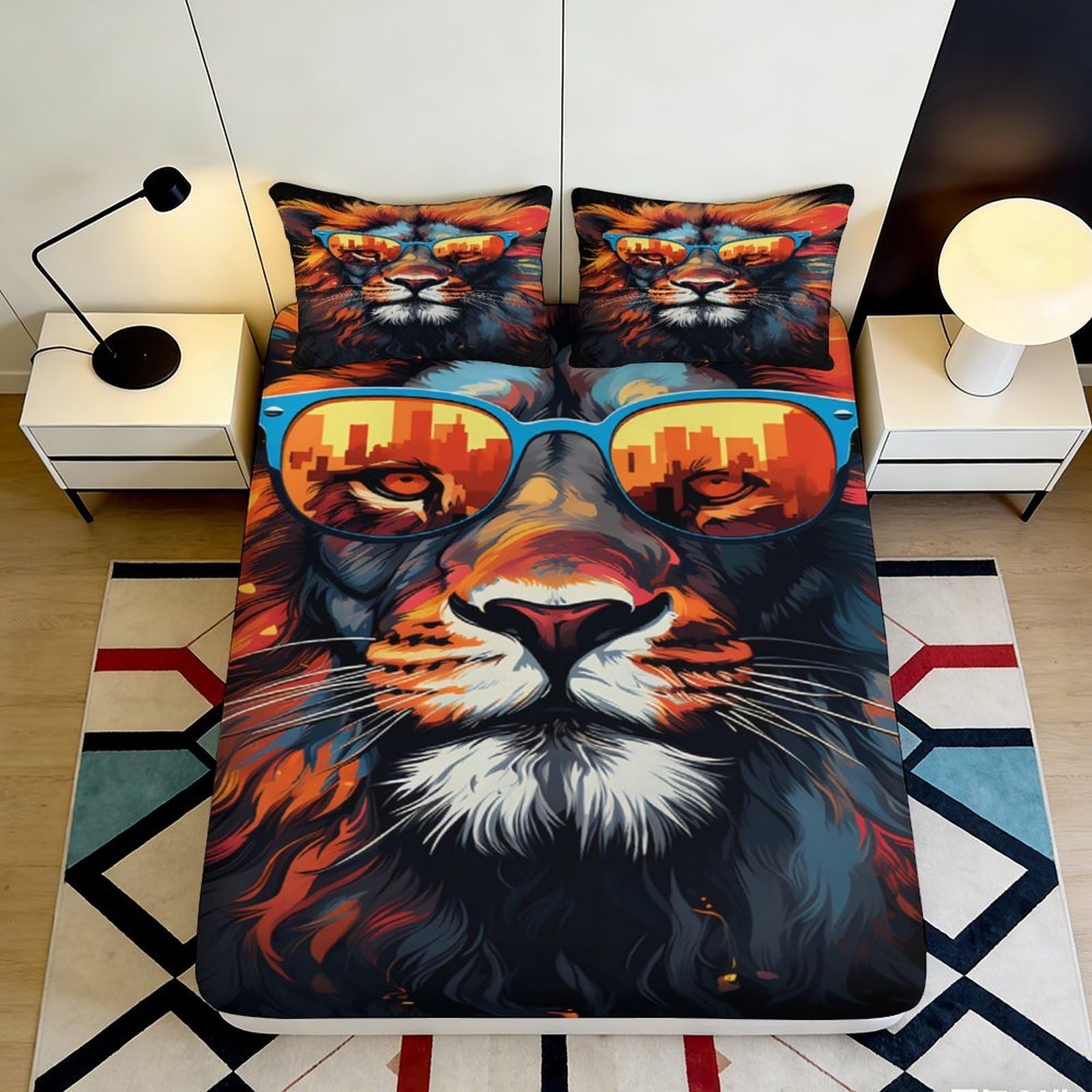 3D Printed Lion Sunglasses Fitted Sheet Microfiber Soft Vibrant City Skyline Bed Cover for Bedroom Dorm Mattress Decor 180x200x25cm