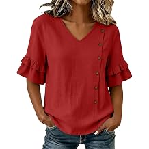 Cotton Linen Blouses for Women Ruffle Short Sleeve V Neck Button Tops Loose Summer Shirts for Brunch Casual Weekend
