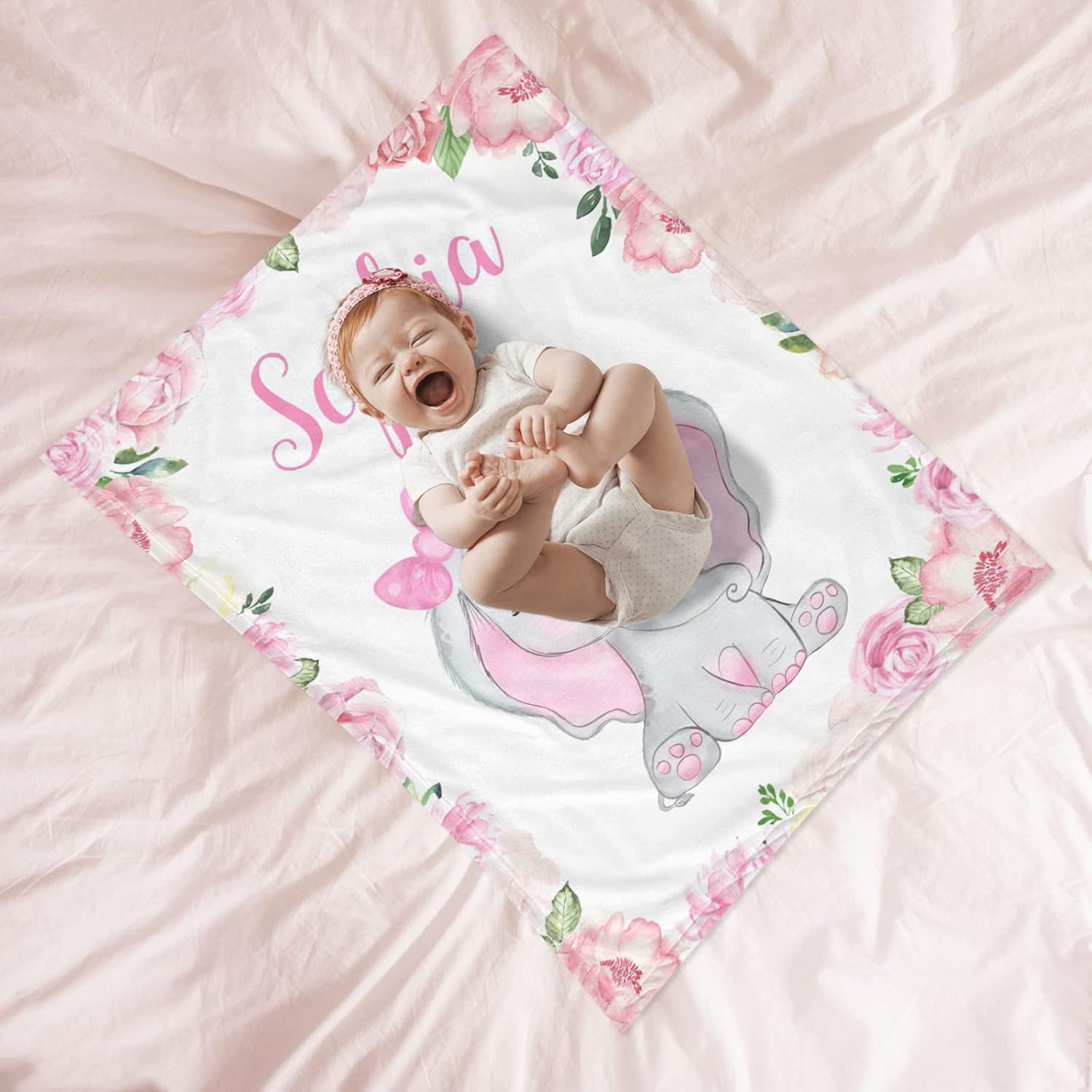 CADE Custom Baby Blanket for Girls Personalized Baby Blanket with Name Elephant Blankets with Pink Floral Soft Warm Blanket for Baby Shower Nursery Baby Essentials - 60x80 inch