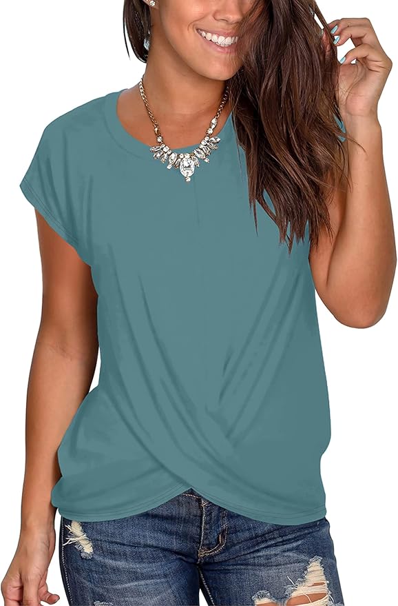 Jescakoo Women's Short Sleeve Round Neck Boat Neck V Neck Dolman Top with Side Shirring-Made in U.S.A.