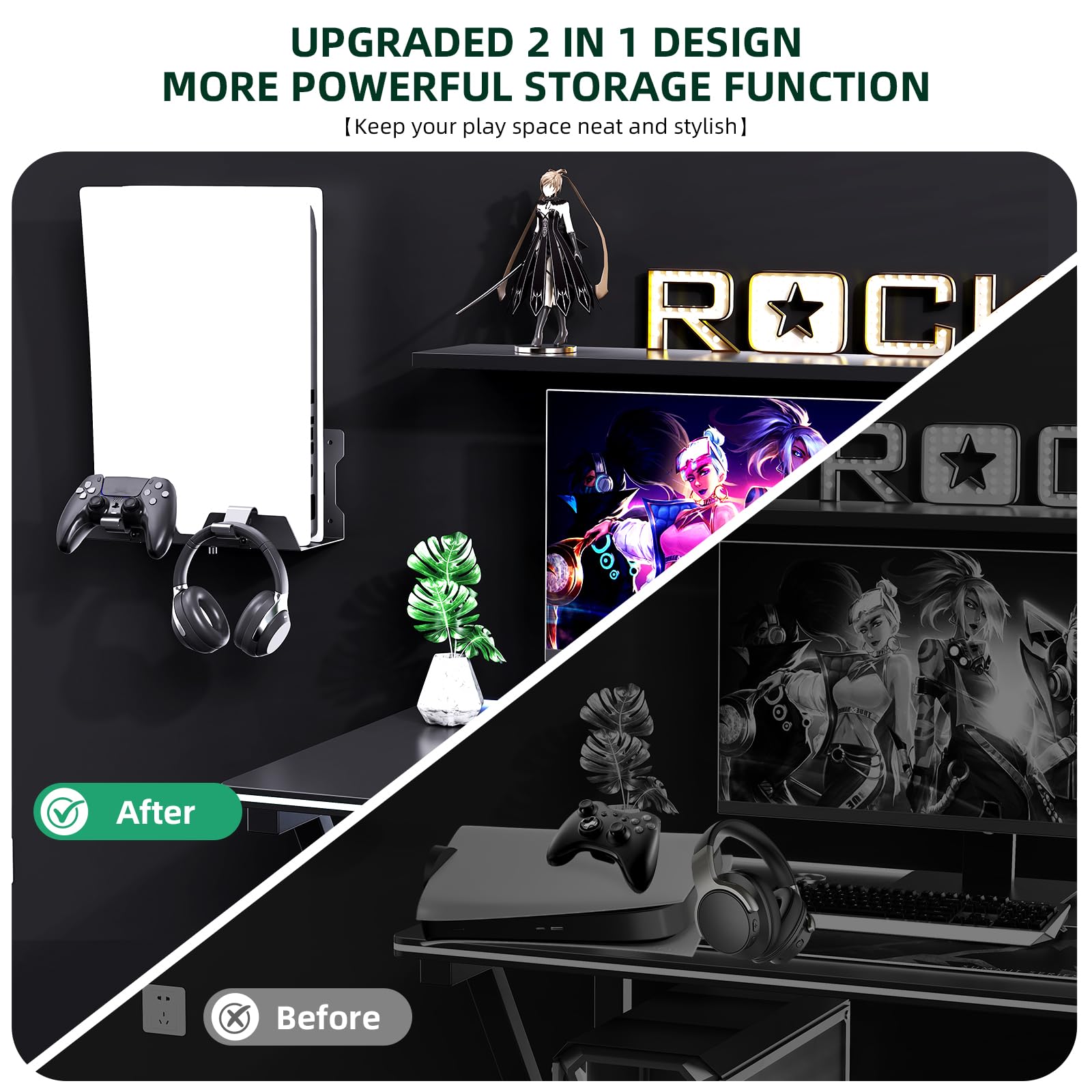 Uchwyt ścienny do serii Ps5 i Ps4, kompatybilny z Ps4 Original, Ps4 Slim/Pro, Playstation 5 Slim/Pro i Playstation 5 Digital Edition, może pomieścić dwa kontrolery (czarny)