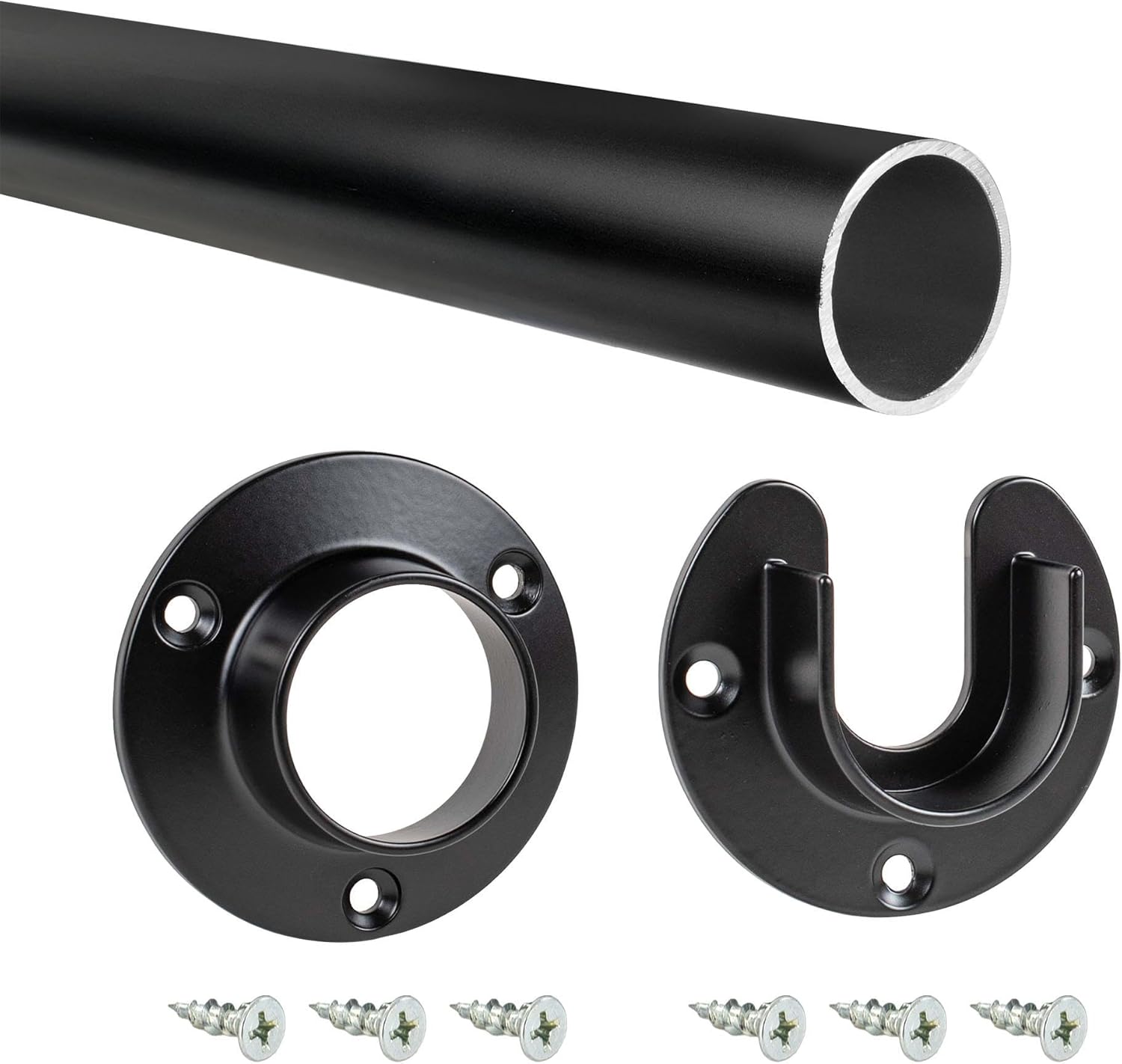 Outwater 48" Black Aluminum Closet Rod Kit – 1-5/16" Diameter with Matching U & O Flanges and Mounting Screws