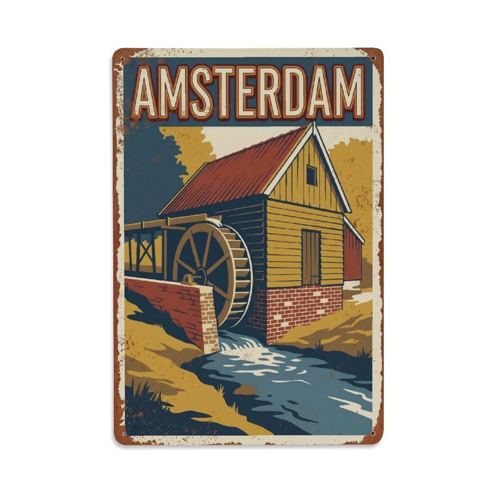 Watermill Canal Vintage Amsterdam Waterfront Tourism Metal Tin Sign Plaque Wall Decor for Cafe, Man Cave, Club Bar, Office, Home Garden Round Metal Poster 8x12Inch