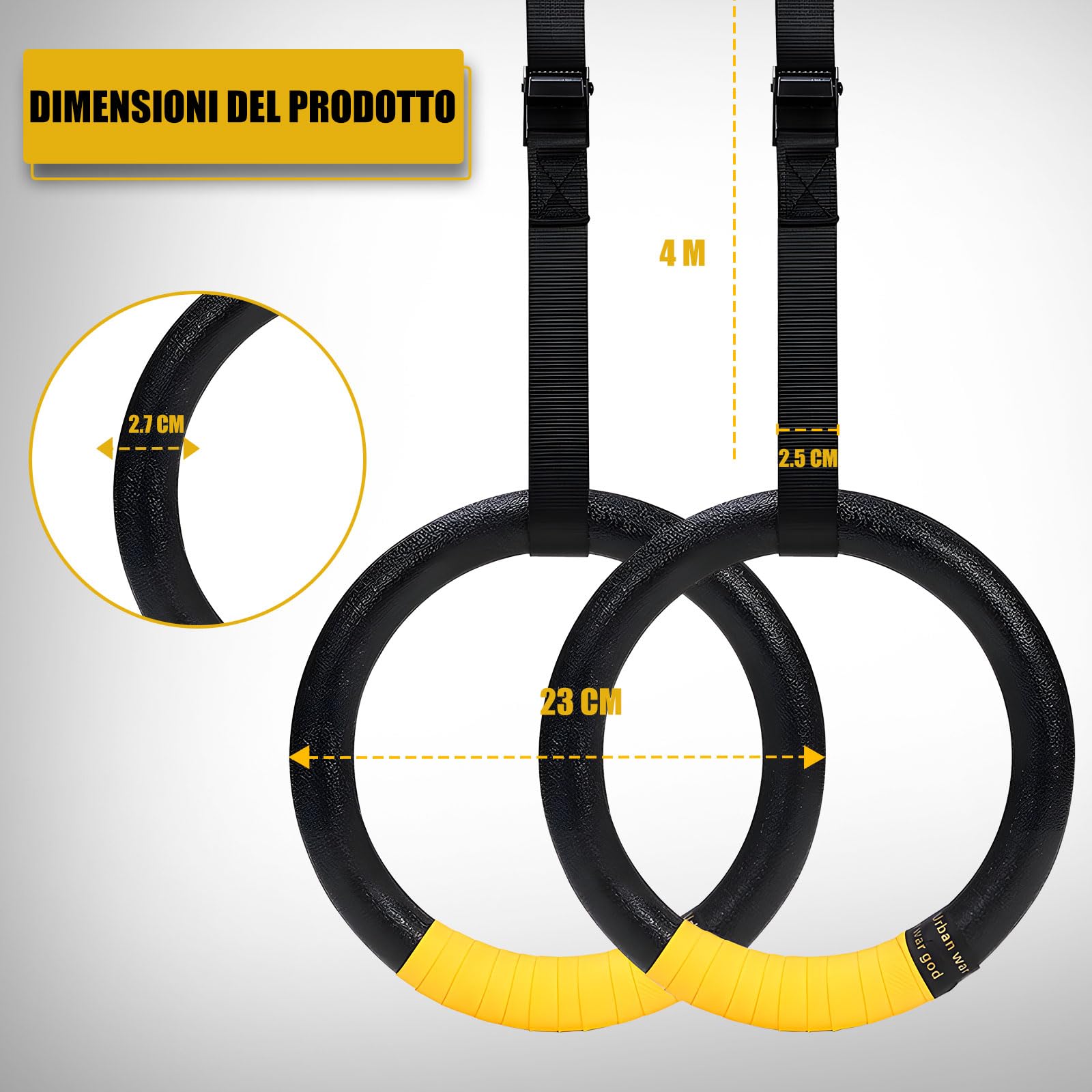 Anelli Ginnastica Fitness Anelli Palestra con 4m Regolabili Lunghi Fibbie Cinghie, Anelli Calisthenics Antiscivolo, Grande per Il Muscolo Up, Pull Up & Training Muscolare