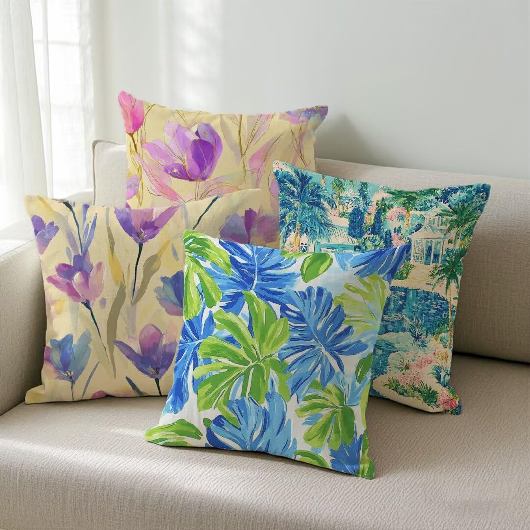 Lot de 4 Housse de Coussin 45x45cm, Housse de Canapé Été Motif Décoratif Imperméable Lin Taie d'oreiller avec Fermeture Éclair Invisible, Salon Chambre à Coucher Décoration de Maison, Aquarelle Ym569