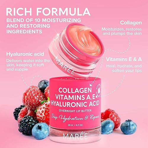 Miniatura 2 de MAREE Máscara labial con ácido hialurónico y aceite de coco, manteca de labios de colágeno durante la noche para nutrir e hidratar los labios secos