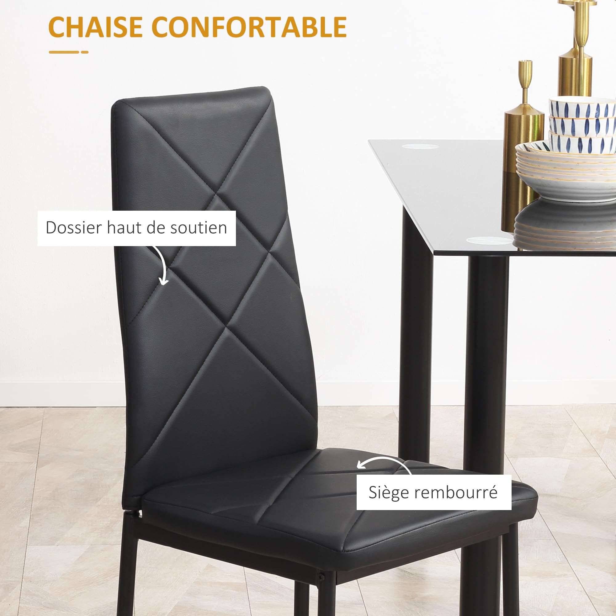 HOMCOM Ensemble de Table à Manger avec 4 Chaises, Meubles de Cuisine 5 Pièces, Plateau Verre Trempé, Pieds Acier, Noir