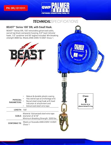 Vista 34 de Palmer Safety SRD 20 FT. Línea de vida auto retráctil I ANSI Z359.14-2021 Clase 1 I SRL Dispositivo giratorio superior Cable galvanizado con pequeño