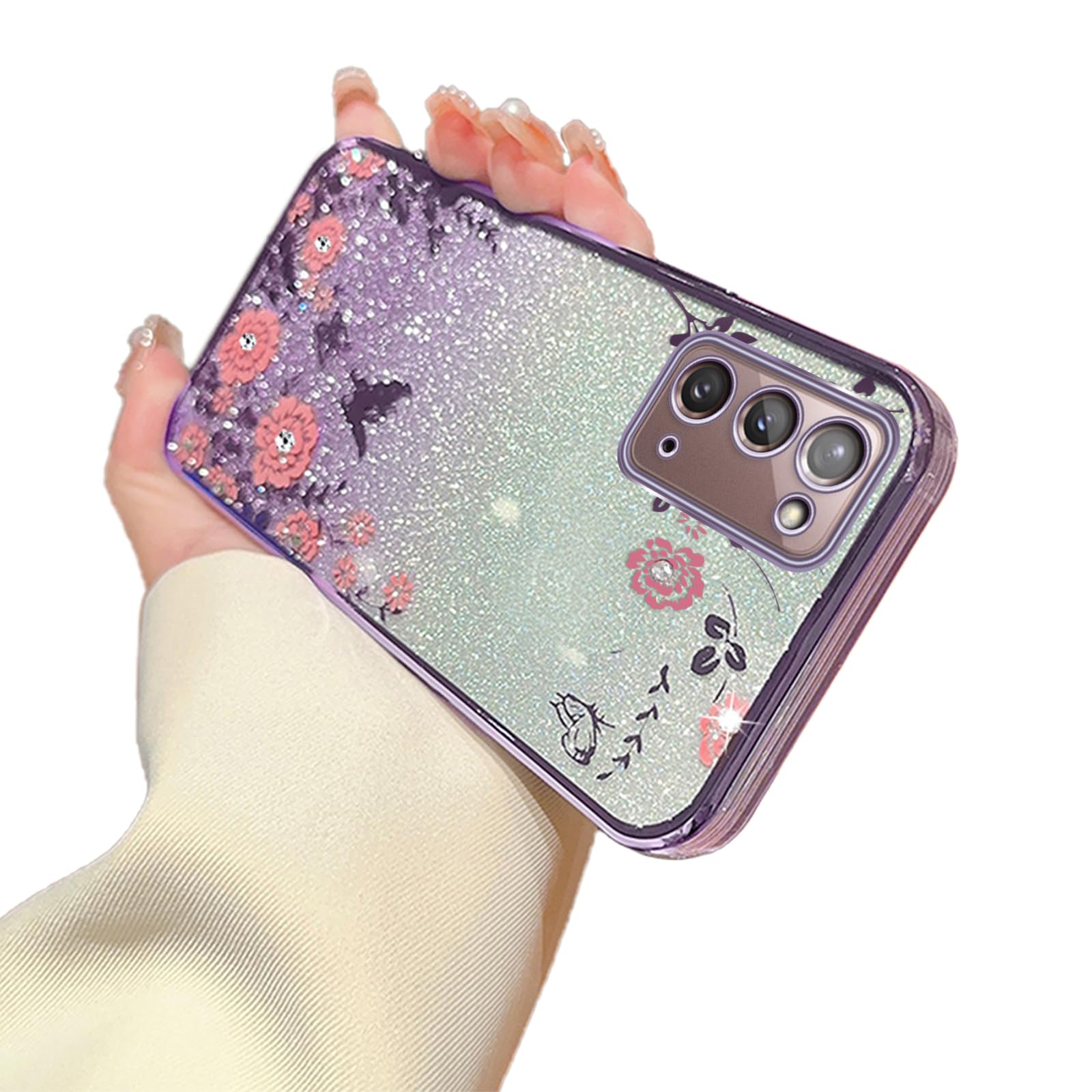 for Note 20 Case,Galaxy Note 20 Case for Women Gradual Change Glitter Crystal Soft TPU Stylish Butterfly Floral Heart Clear Protective Cover with Strap for Samsung Note 20 (Purple)