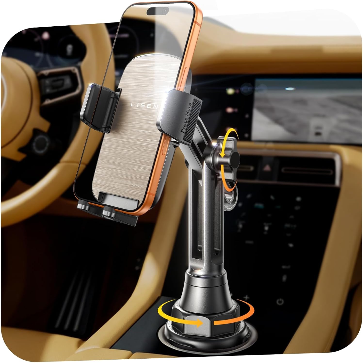 LISEN Cup Phone Holder for Car [Upgraded Version] Long Neck 360° Adjustable [Thick Cases Friendly] for iPhone 16e 16 15 14 13 Pro Max Samsung S25 All 4-7'' Phone, Gold Kits