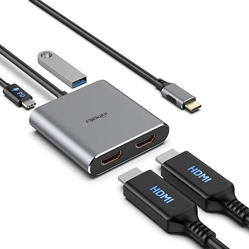 Adaptador USB C a HDMI dual 4K 60Hz, convertidor USB C a HDMI 4 en 1 con carga PD de 100 W USB 3.0, divisor USB C a HDMI, pantalla extendida,