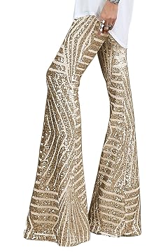 BLENCOT Womens Glitter Sequin Wide Leg Palazzo Pants High Waist Bell Bottoms Night Club Sparkle Flared Trousers Apricot