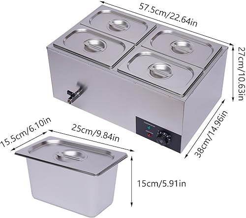 Miniatura 6 de Mesa de vapor Bain Marie de 4 bandejas, mesa de vapor comercial para encimera, calentador de alimentos de 600 W, 16.9 cuartos de galón, calentador