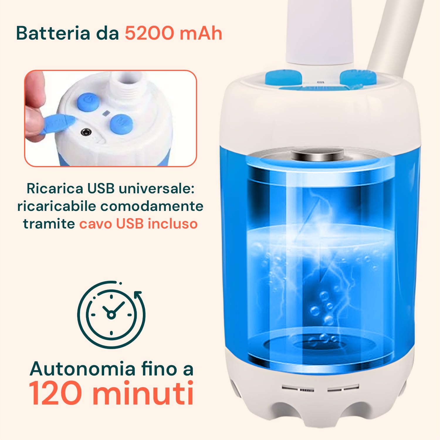 Avilia - Doccia da Giardino Portatile Elettrica Ricaricabile USB 5200 mAh con LED, Flusso 4‑5 L/Min, per Campeggio ed Escursioni, Facile da Usare, Compatta e Sicura