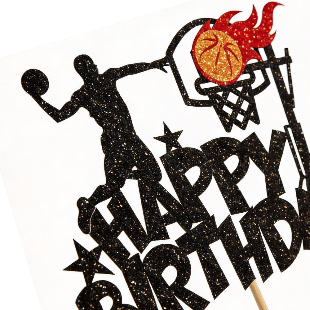 Basketball Cake Topper - 2PCS Non-Edible Cake Decorations with Food-Safe Bamboo Sticks for Sports Theme Birthday Party, Basketball Player Silhouette and Ball Design