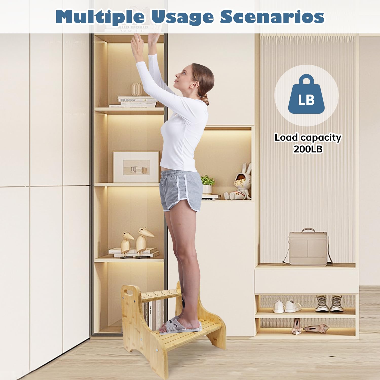 SEHAUSEU Bamboo Step Stool, 2 Step Stools with Non-Slip Grooves,Rounded Corners,Sturdy Non-Foldable Step Stool can be Used for Tooth Brushing, Toileting, Kitchen Hand Washing Training(Natural)