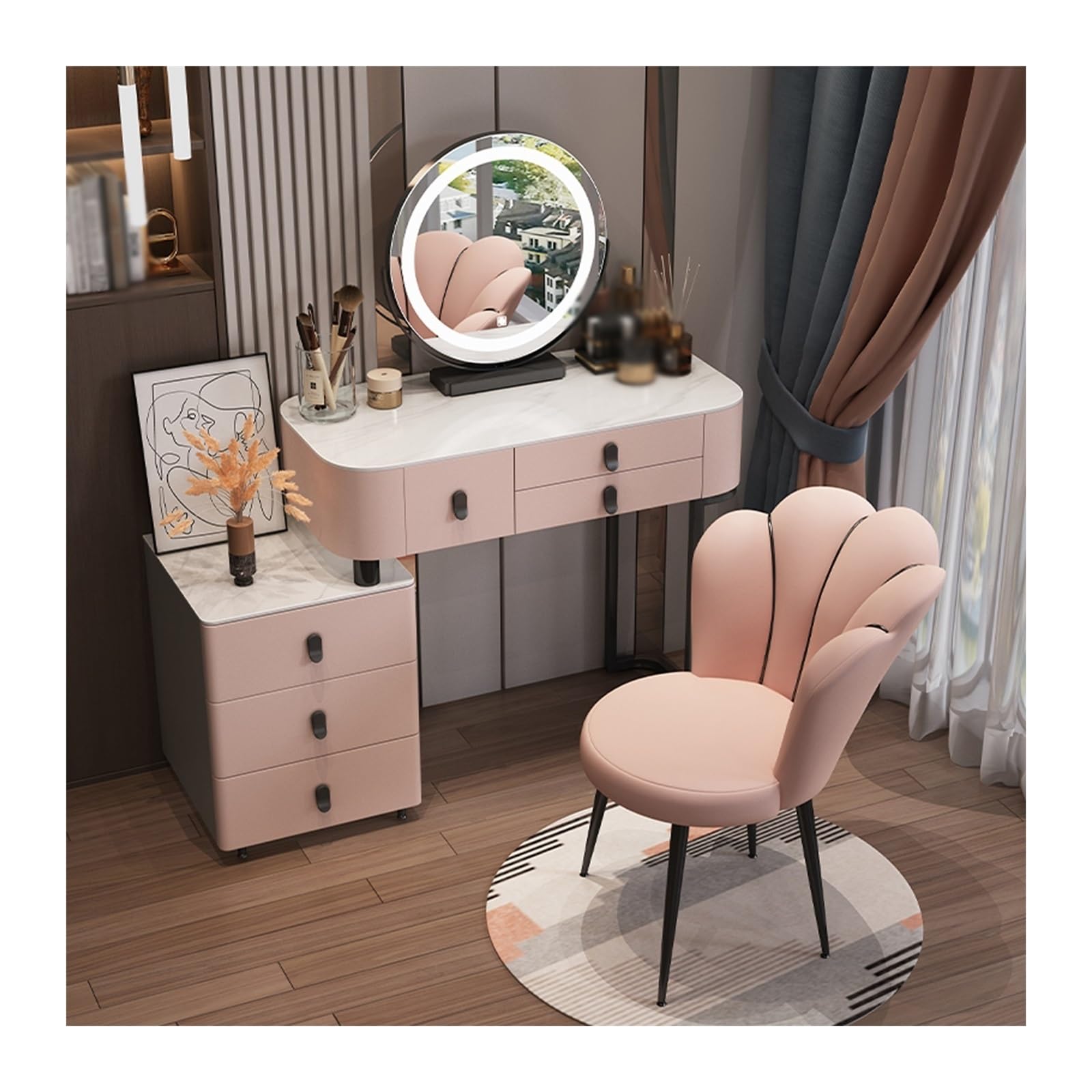 CGCSYZ Vanity Desk Modern White Vanity Table, Vanity Desk with LED Mirror and Bedside Table, Dressing Table for Girls and Women Makeup Dressing Table (Pink Back Chair 120cm)