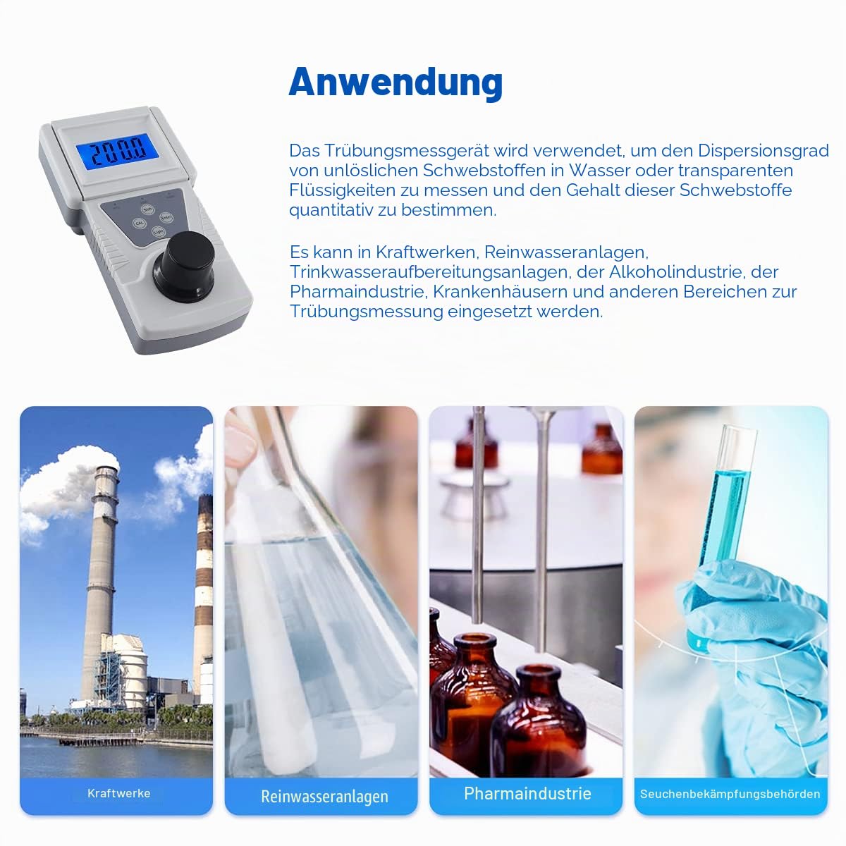 Tragbares Trübungsmessgerät Turbidimeter für Trübung von Flüssigkeiten Messbereich 0-200NTU (Inklusive Standard-Formazin-Lösung)