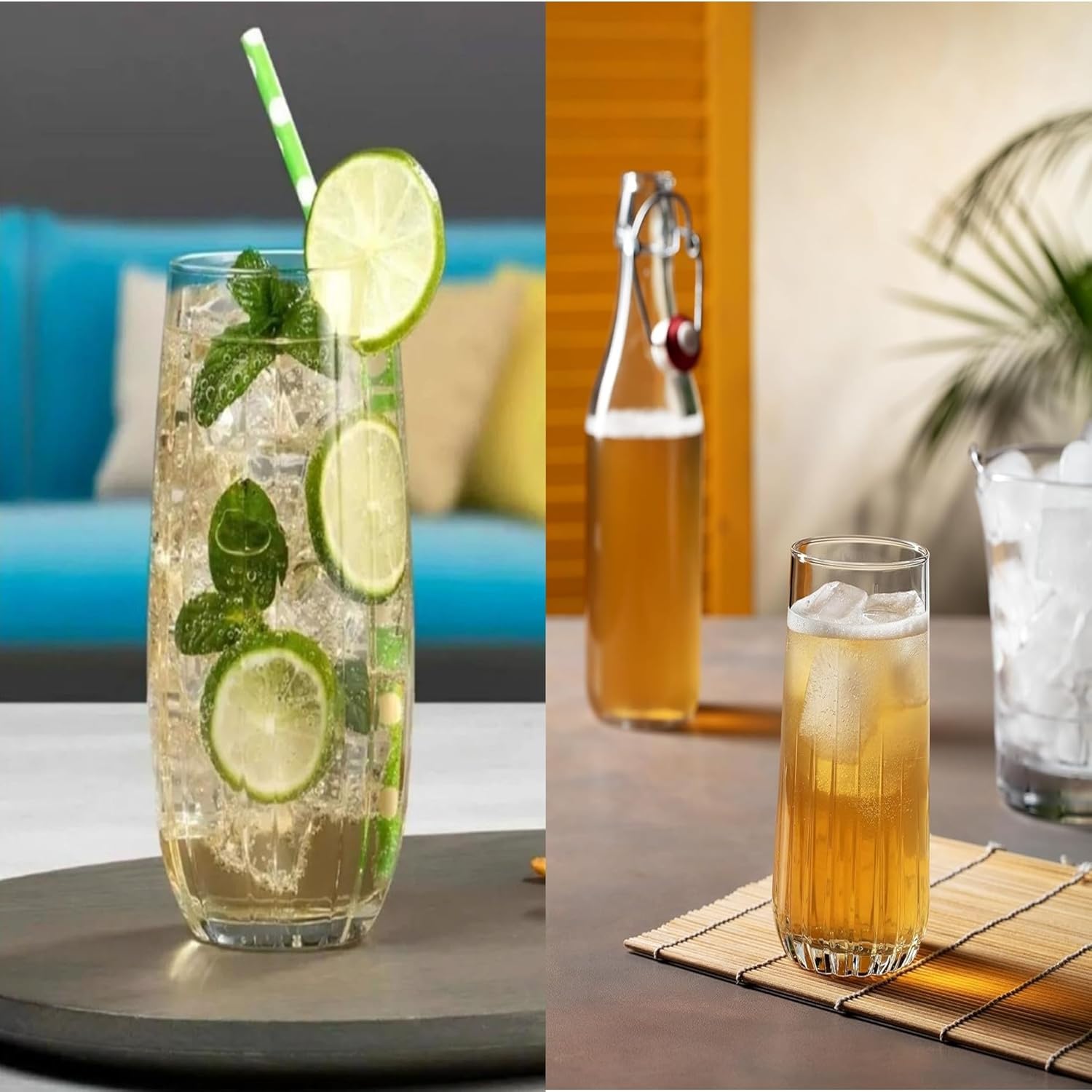 Light Blue Ribbed Drinking Glass, 5.9" Tall x 3.0" Wide – Modern Highball Water Glass – Textured Beverage Glass for Juice, Iced Tea & Cocktails – Durable Glassware (PACK OF 6)