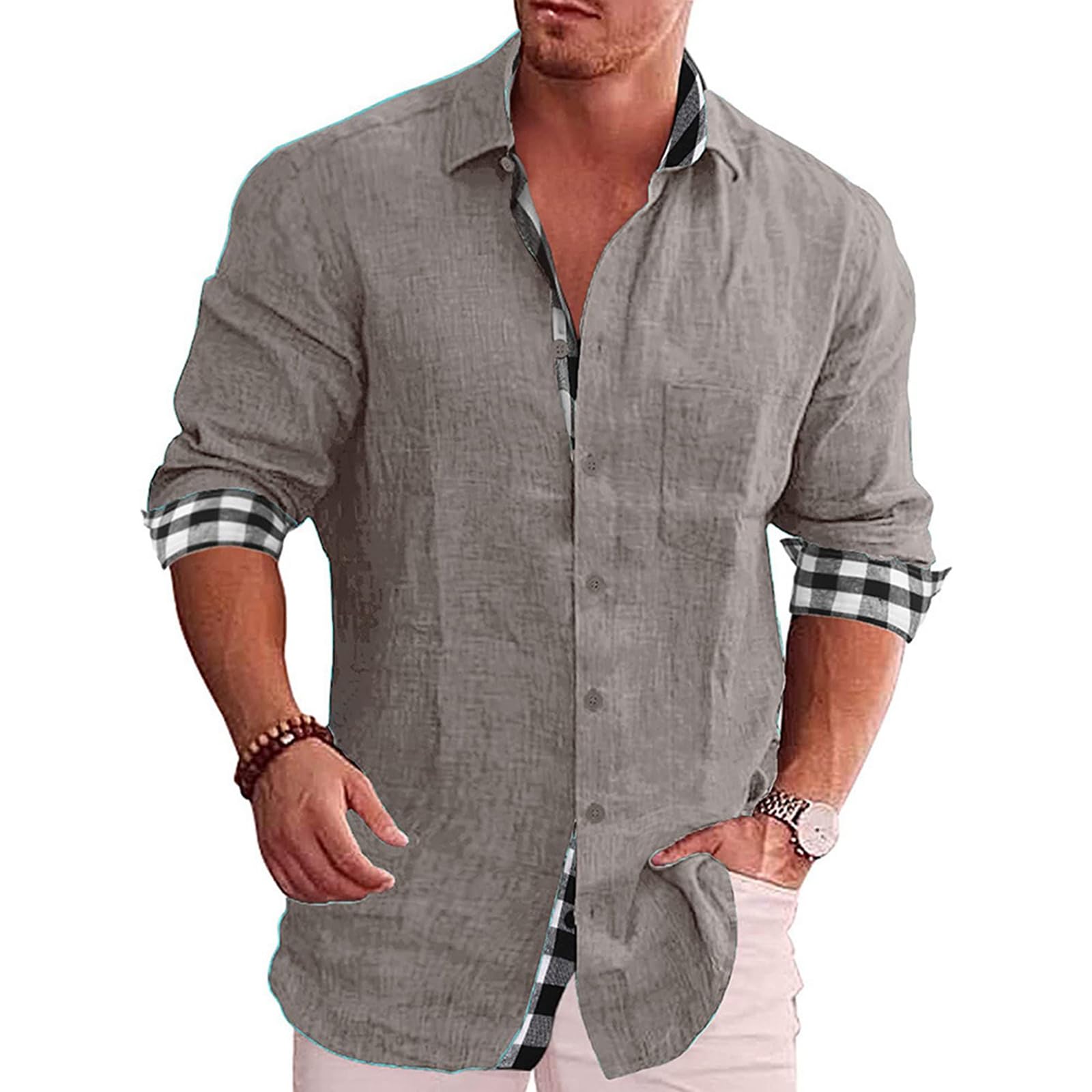 Elainone Hombres Camisa de Manga Larga Lino Algodón Casual Suelta, Mens Long Sleeve Cotton Linen Shirts Loose Fit