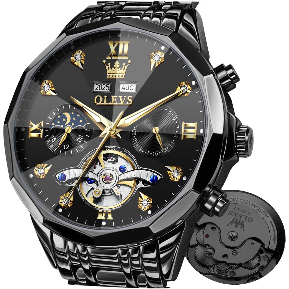 OLEVSAutomatic Watch for Men Luxury Diamond Self Winding Multifunctional Men's Calendar Watch Stainless Steel Waterproof Luminous Male Watch
