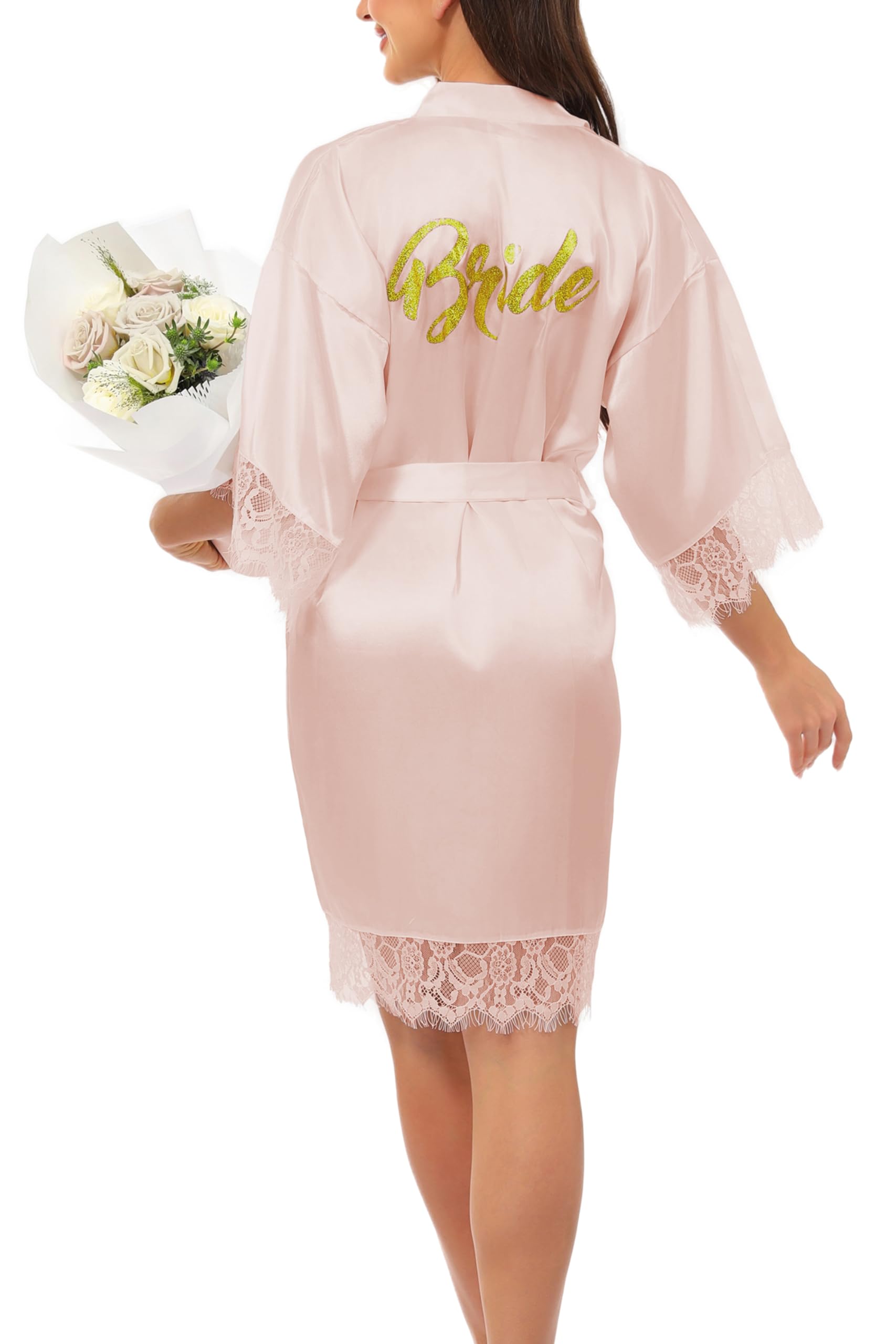 Aseniza Bata Novia 100% Poliéster Bata Mujer Saten, Kimono Mujer Bata Dama de Honor para Boda & Fiesta