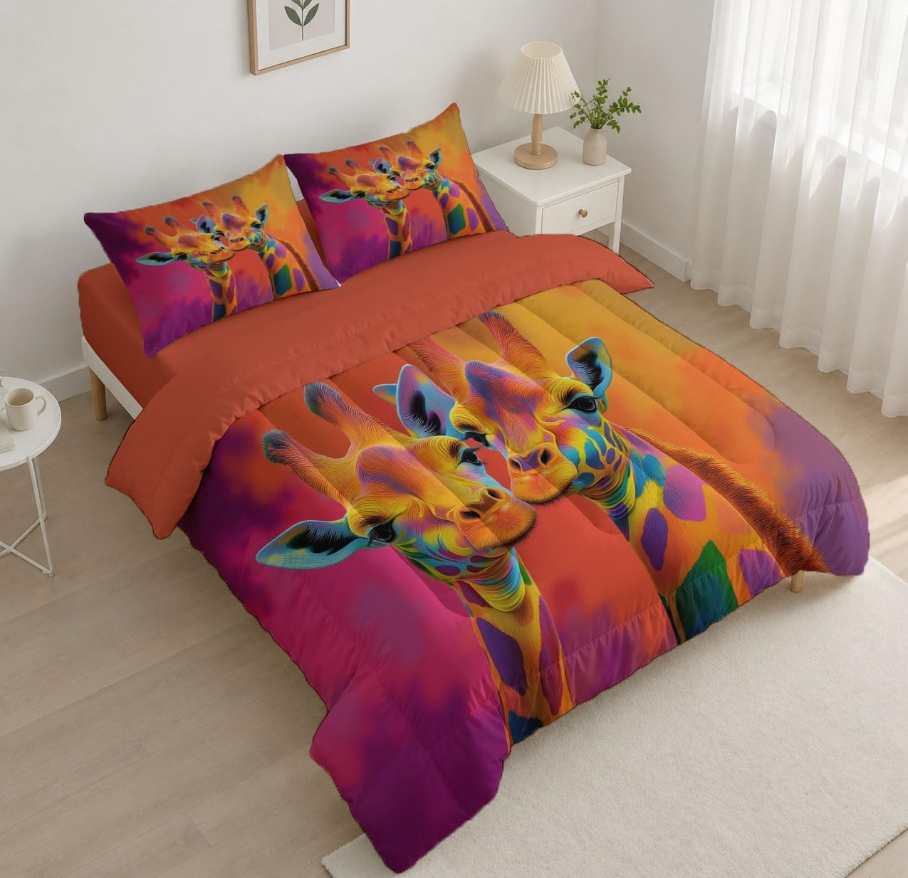 Bohemian Animals Comforter Set King Size, Giraffe Bedding Set for Girls Boys, Orange Color Quilt Bed 104"X90" Bedding Comforter Sets with 2 Pillowcase Room Decor