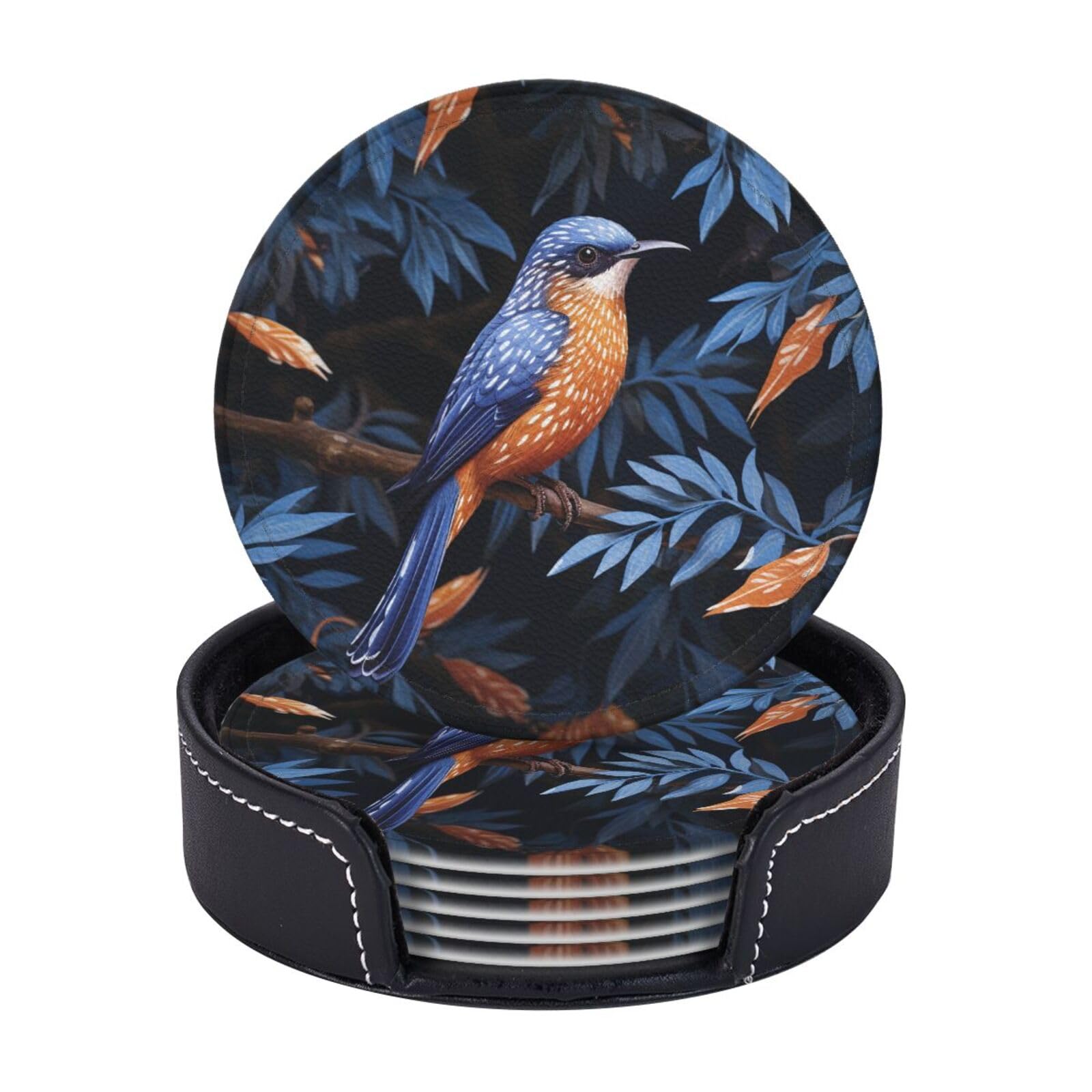 Mxzerfkgla Blue And Orange Bird Drink Coasters Set Of 6 Round Leather Coaster With Holder Coasters For Drinks Cups Mugs Mat Pads Absorbent Non-Slip Coaster For Coffee Table Kitchen Bar Home Decor