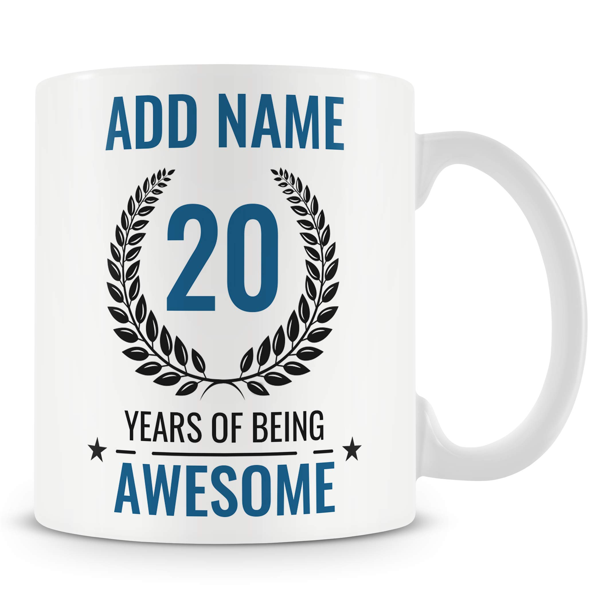 MUGGZ Personalised 20th Birthday Mug for Men – Add Name – “20 Years of Being Awesome” – Blue Design – Ceramic 11oz Mug — image 1