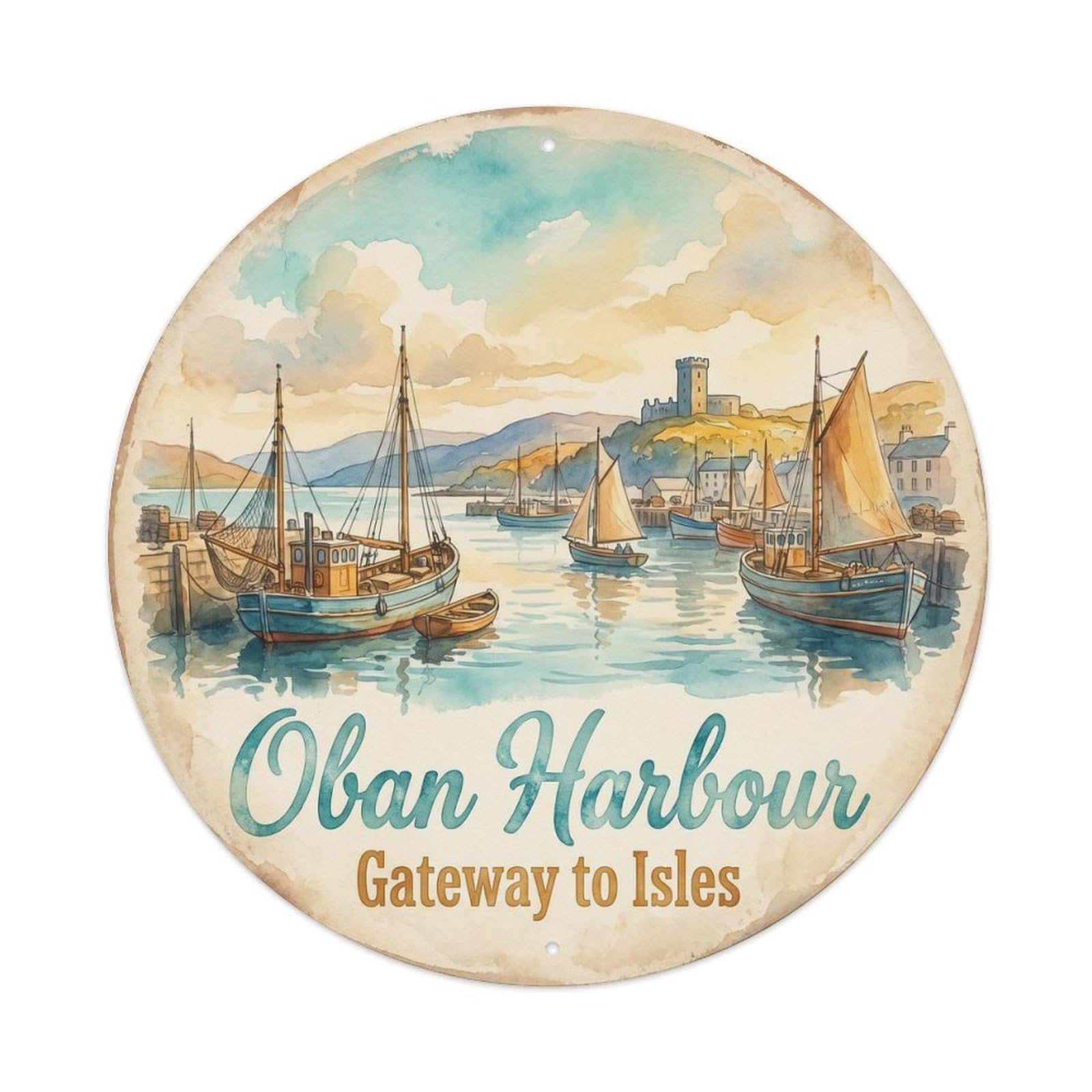 Cmhok Vintage Style-1 Vintage Travel Oban Harbour Scotland Artwork Metal Tin Sign Plaque Wall Decor For Cafe, Club, Garden Round Metal Poster 8X8inch