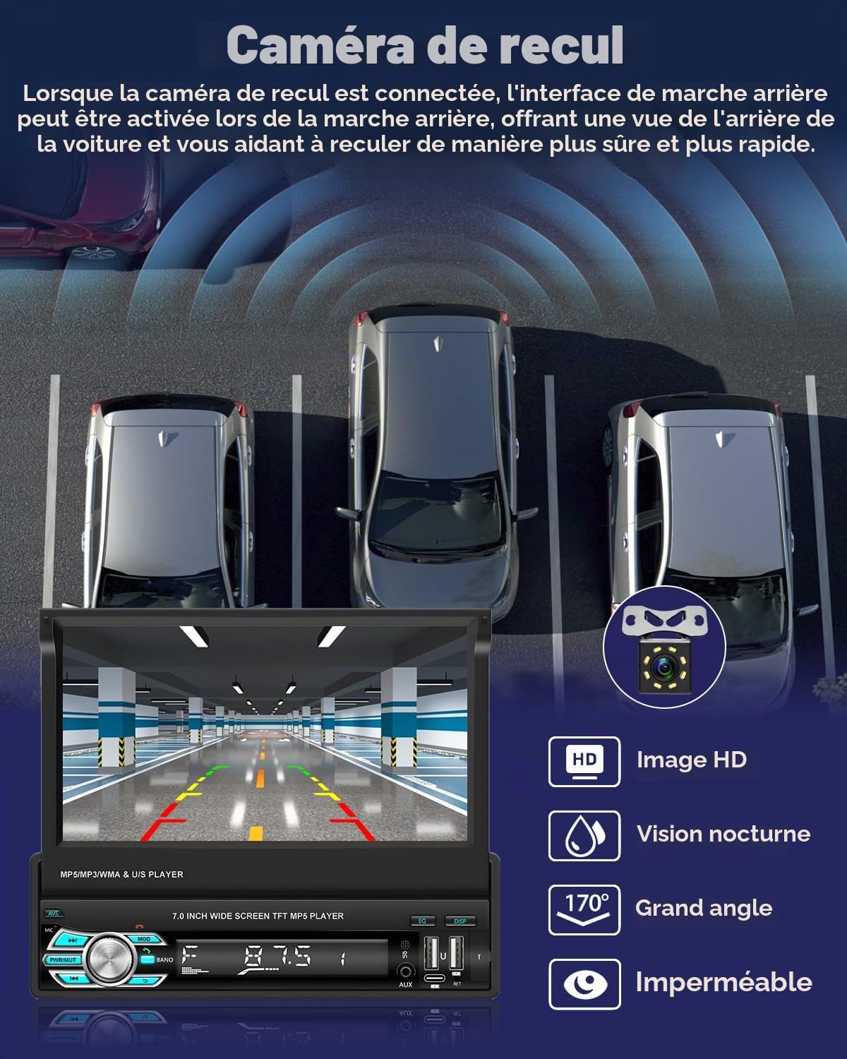 Hikity Autoradio 1 Din Carplay Android Auto, 7 Pouces | sans Fil, Écran Tactile Rétractable, Poste Radio Voiture, Bluetooth Port USB Type-C AUX FM RDS, Caméra de Recul