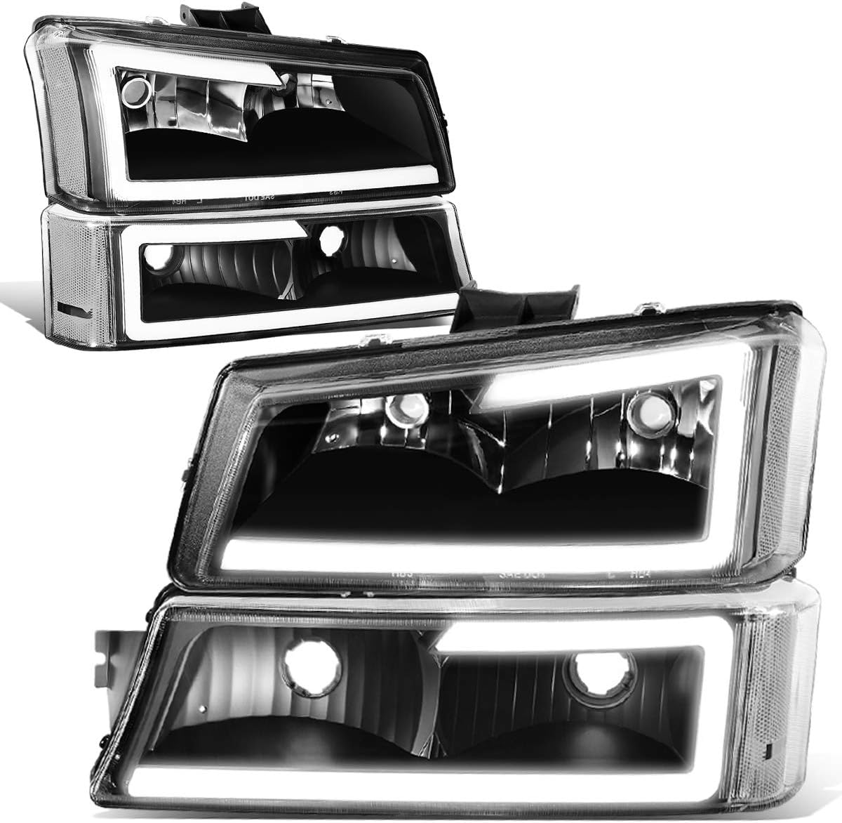 DNA MOTORING HL-LB-CSIL03-BK-CL1 Black Housing 3D LED DRL Headlight Bumper Lamp Set Compatible with 03-06 Silverado 1500-3500 / Avalanche 1500 2500